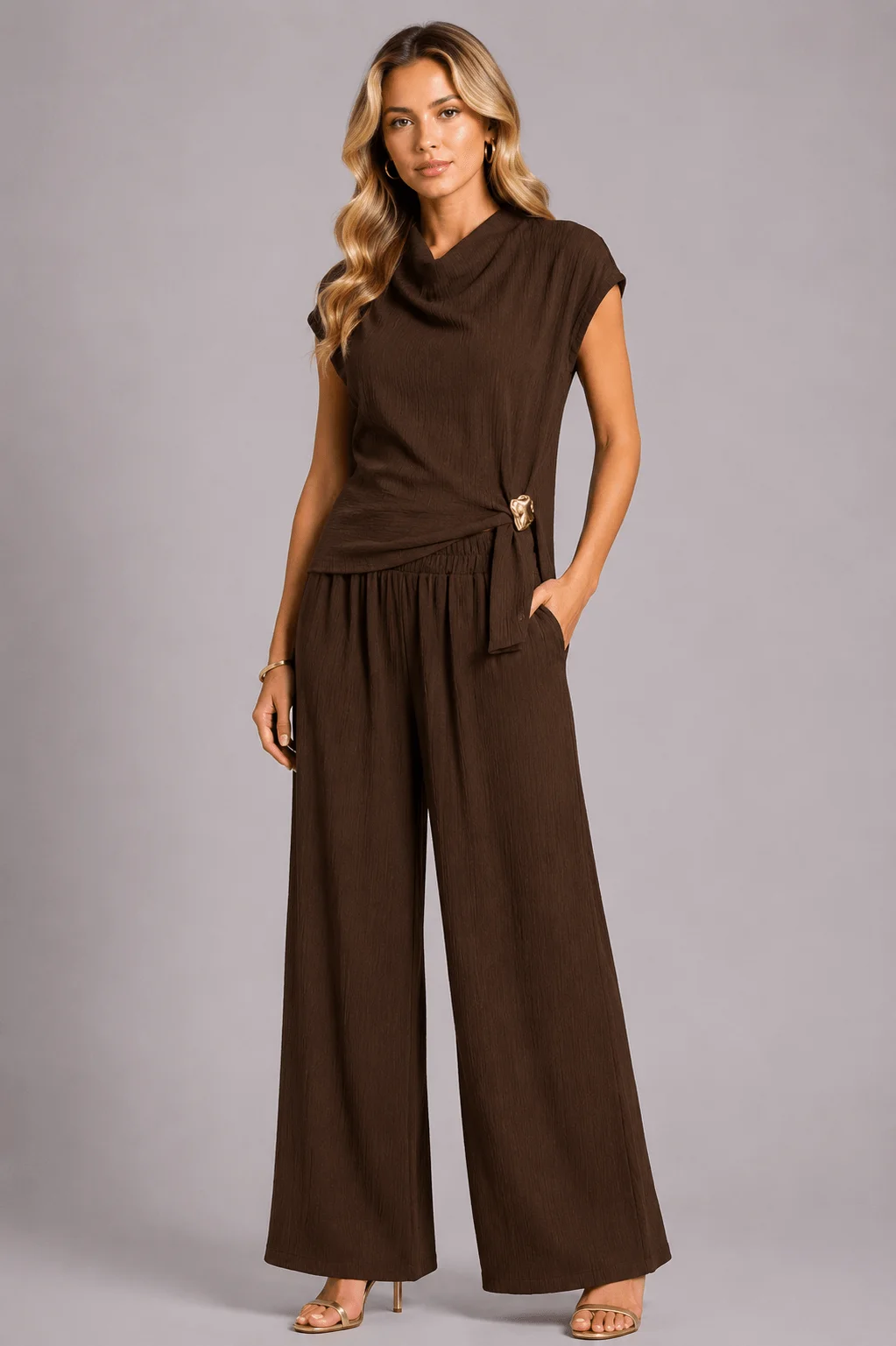 Calça Pantalona Cos Elástico - Marrom — imagem 1