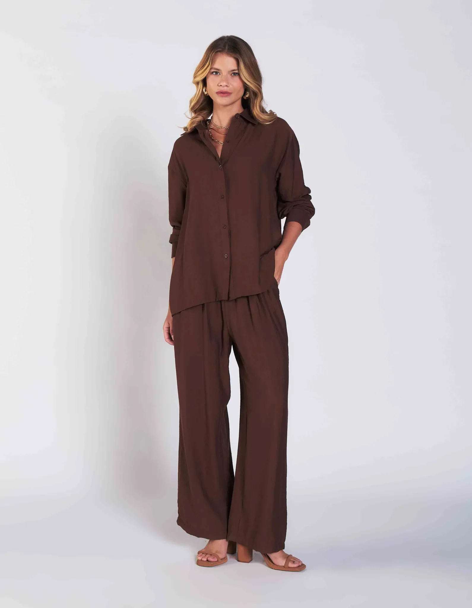 Calça Pantalona Cós Elástico - Marrom — imagem 1