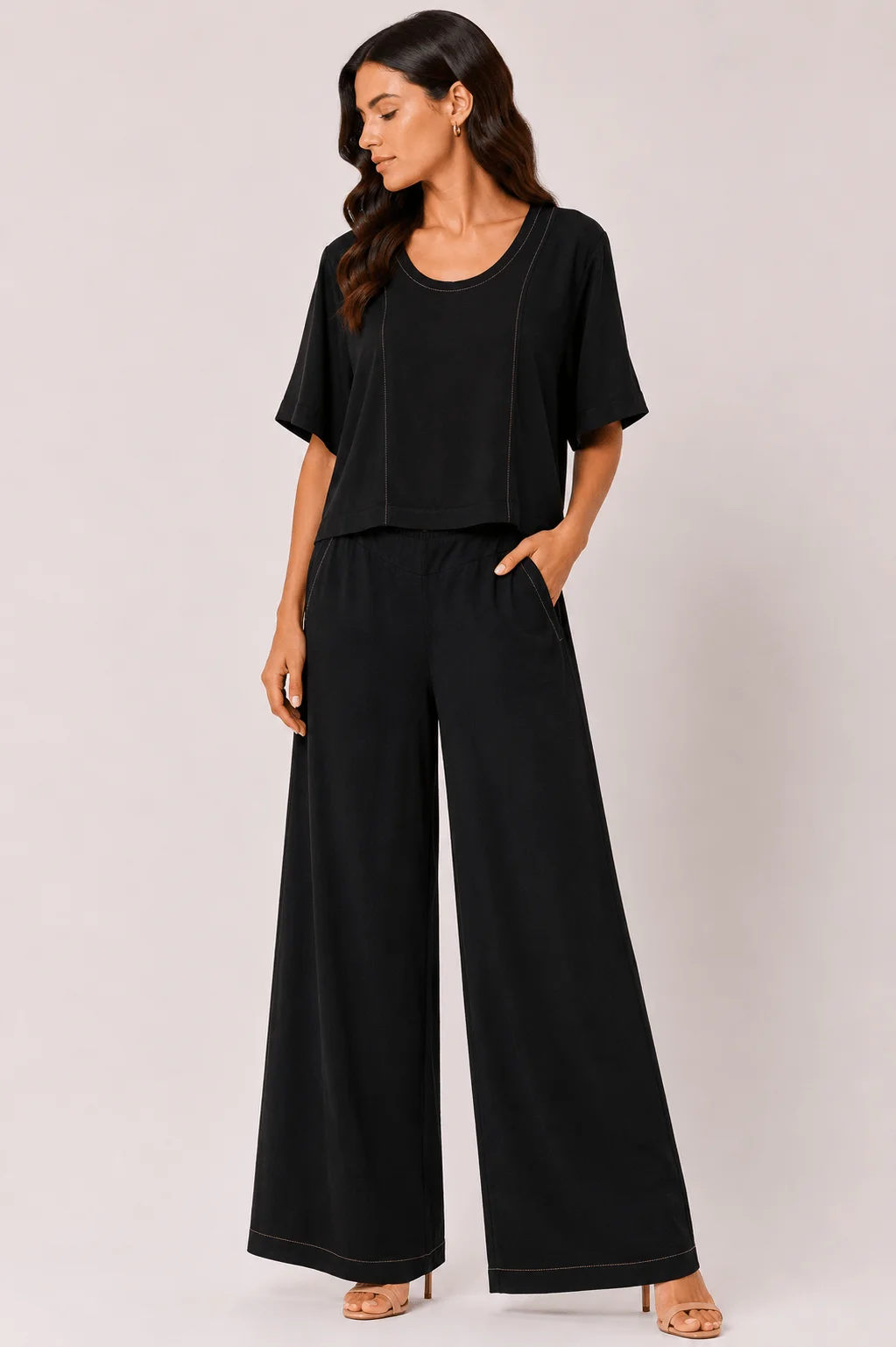 Calça Reta Pesponto Contrastantes - Preto — imagem 1