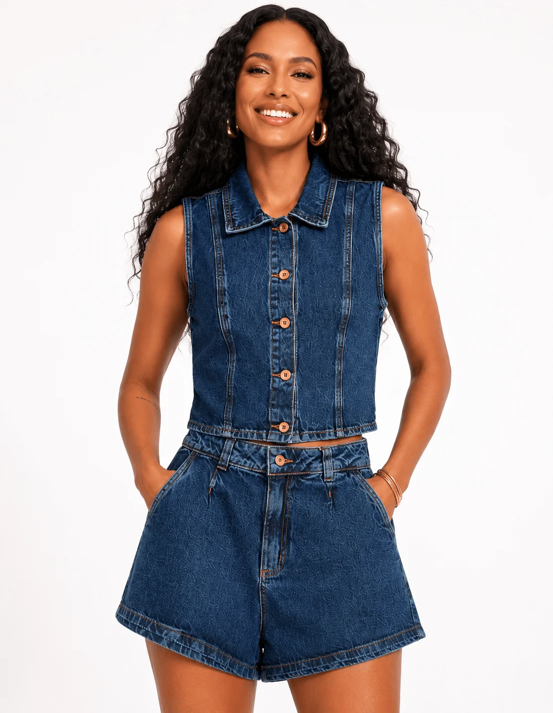 Colete Jeans Cropped - Denim Medio — imagem 1