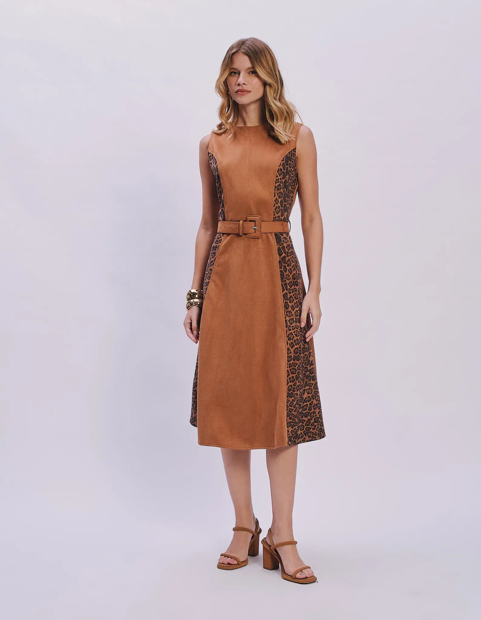 Vestido Midi Suede Com Cinto - Caramelo