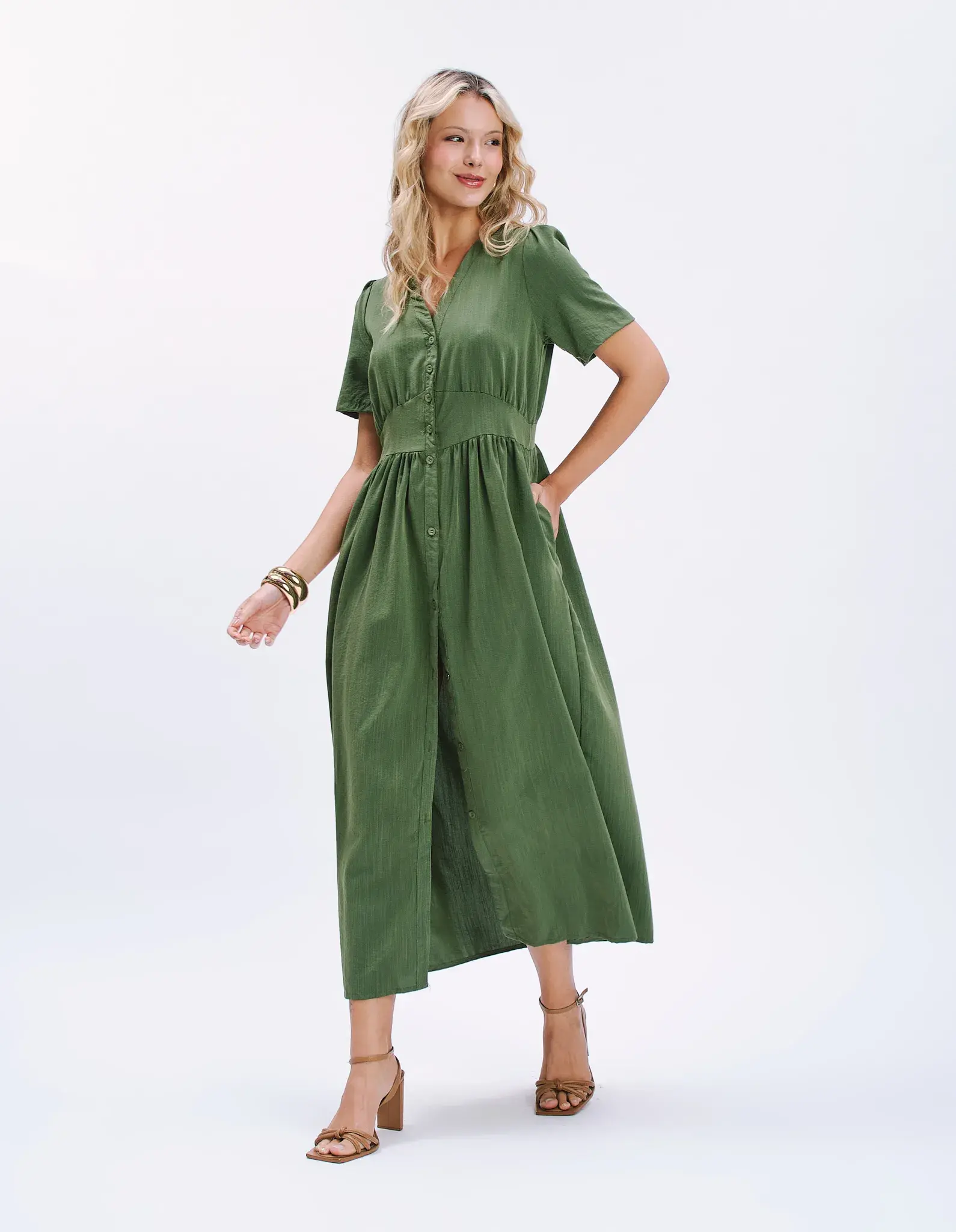 Vestido New Longo Cintura Franzida - Verde