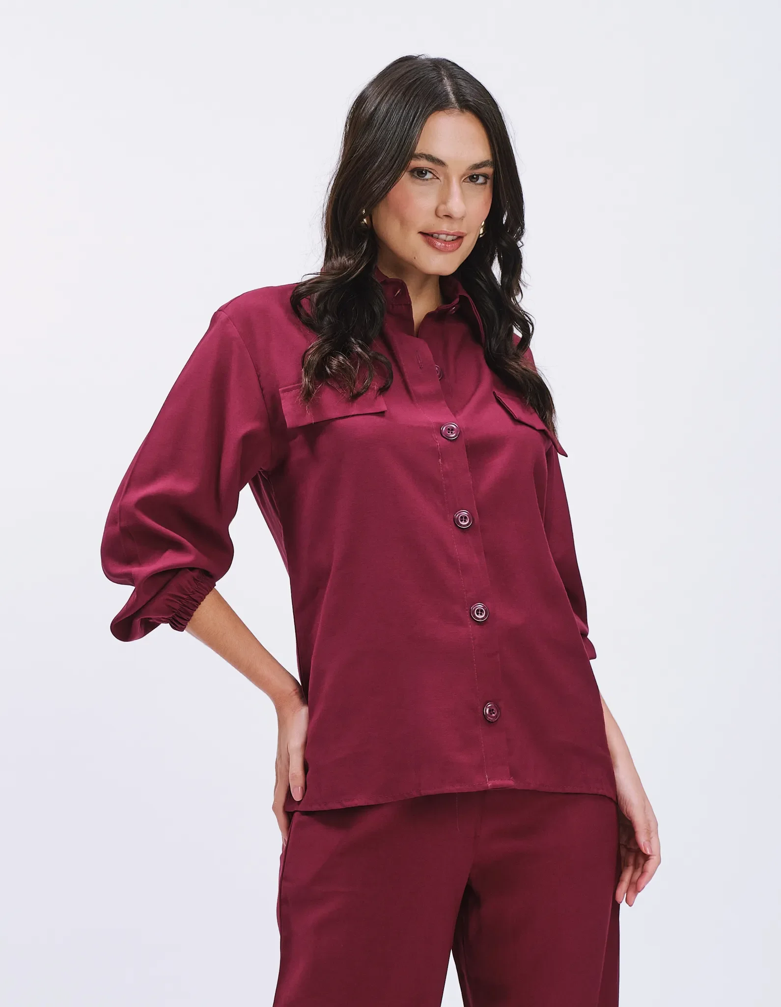 Blusa Manga Longa Com Bolsos - Vinho — imagem 1