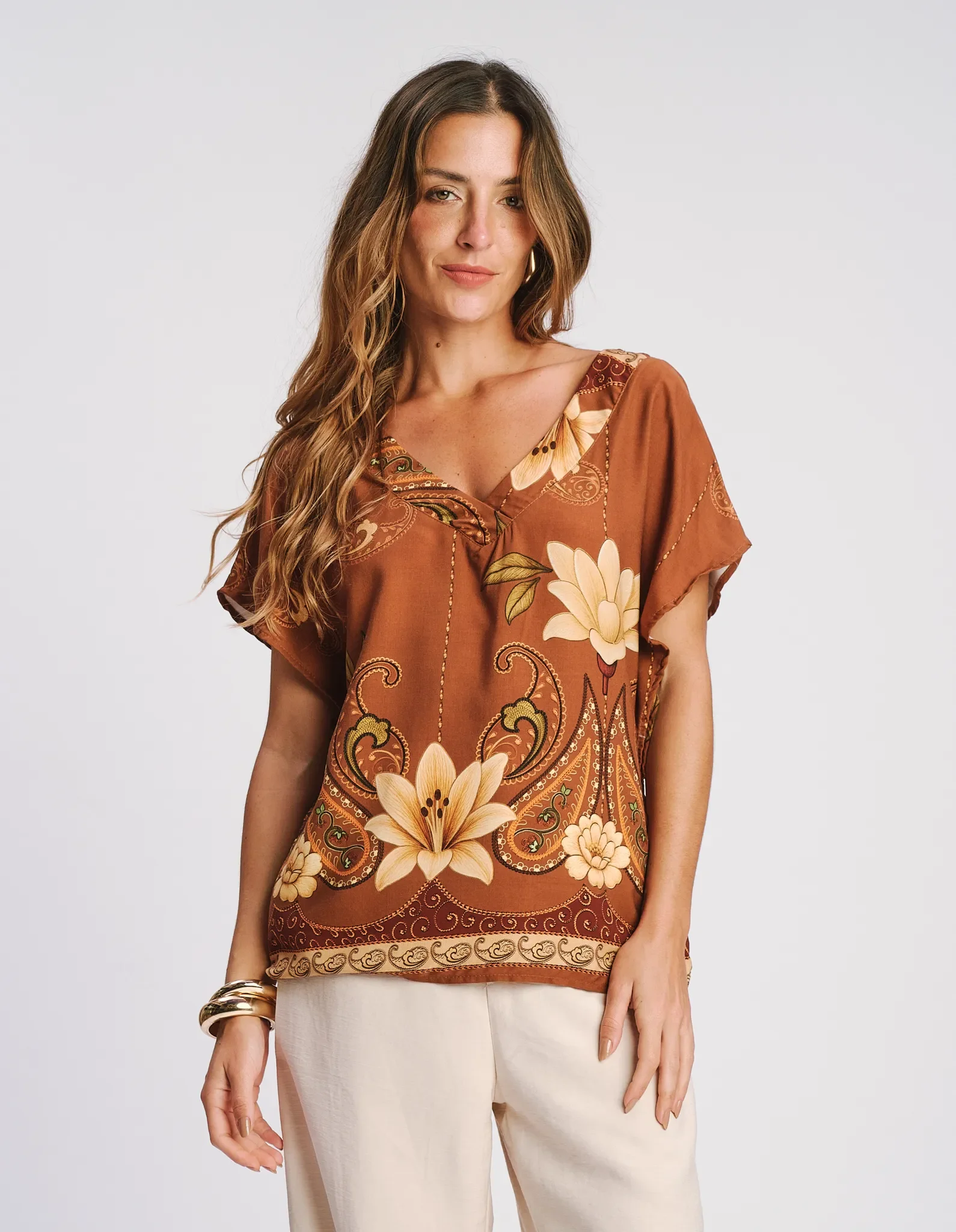 Blusa Estampada Azaleia Barrada - Marrom — imagem 1