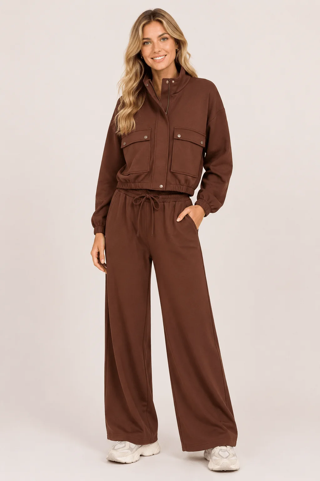Calça Pantalona Neoprene Cós Elástico - Marrom — imagem 1