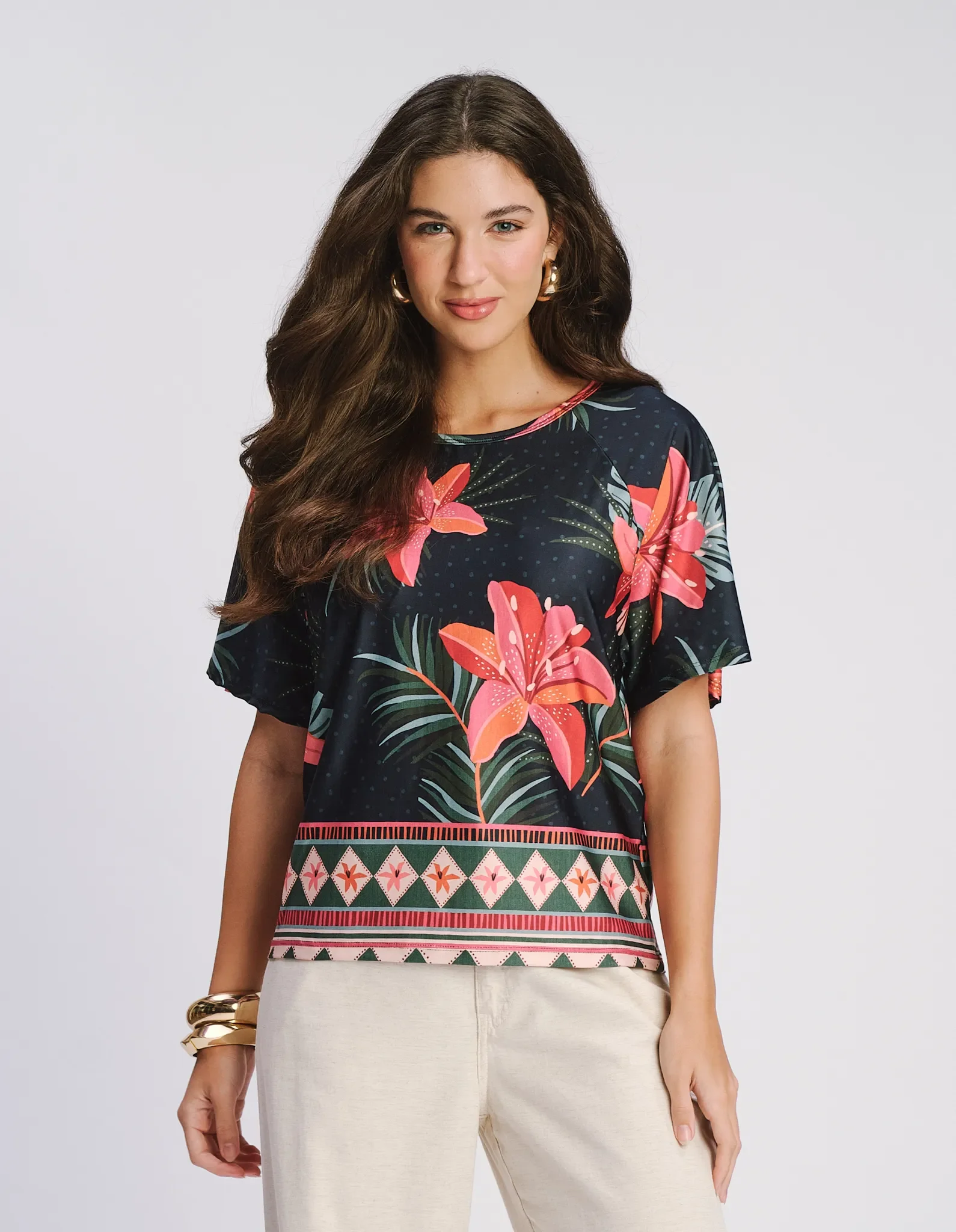 Blusa Estampada Lírio Barrado - Preto — imagem 1