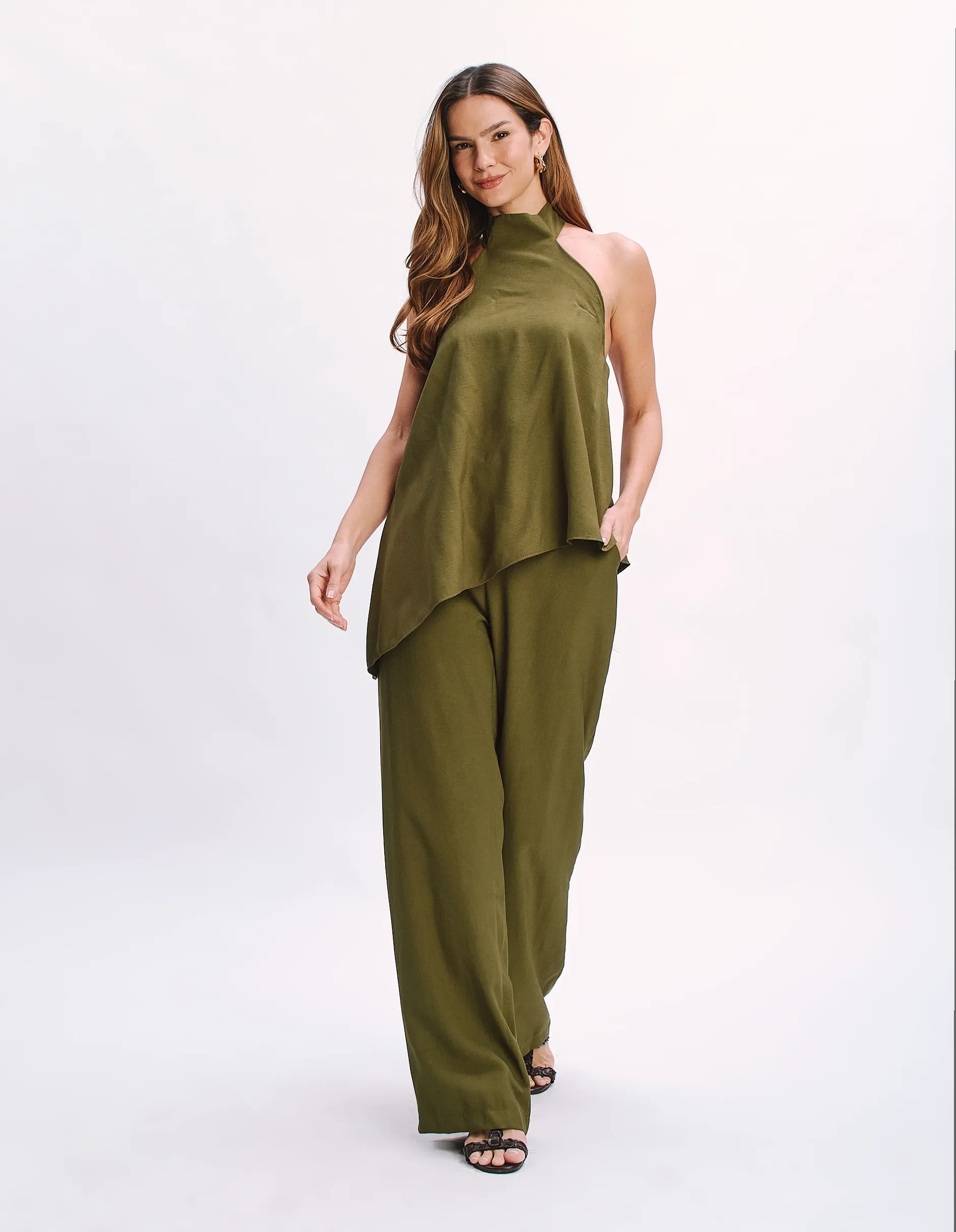 Calça Pantalona Cós Faixa Dupla - Verde — imagem 1