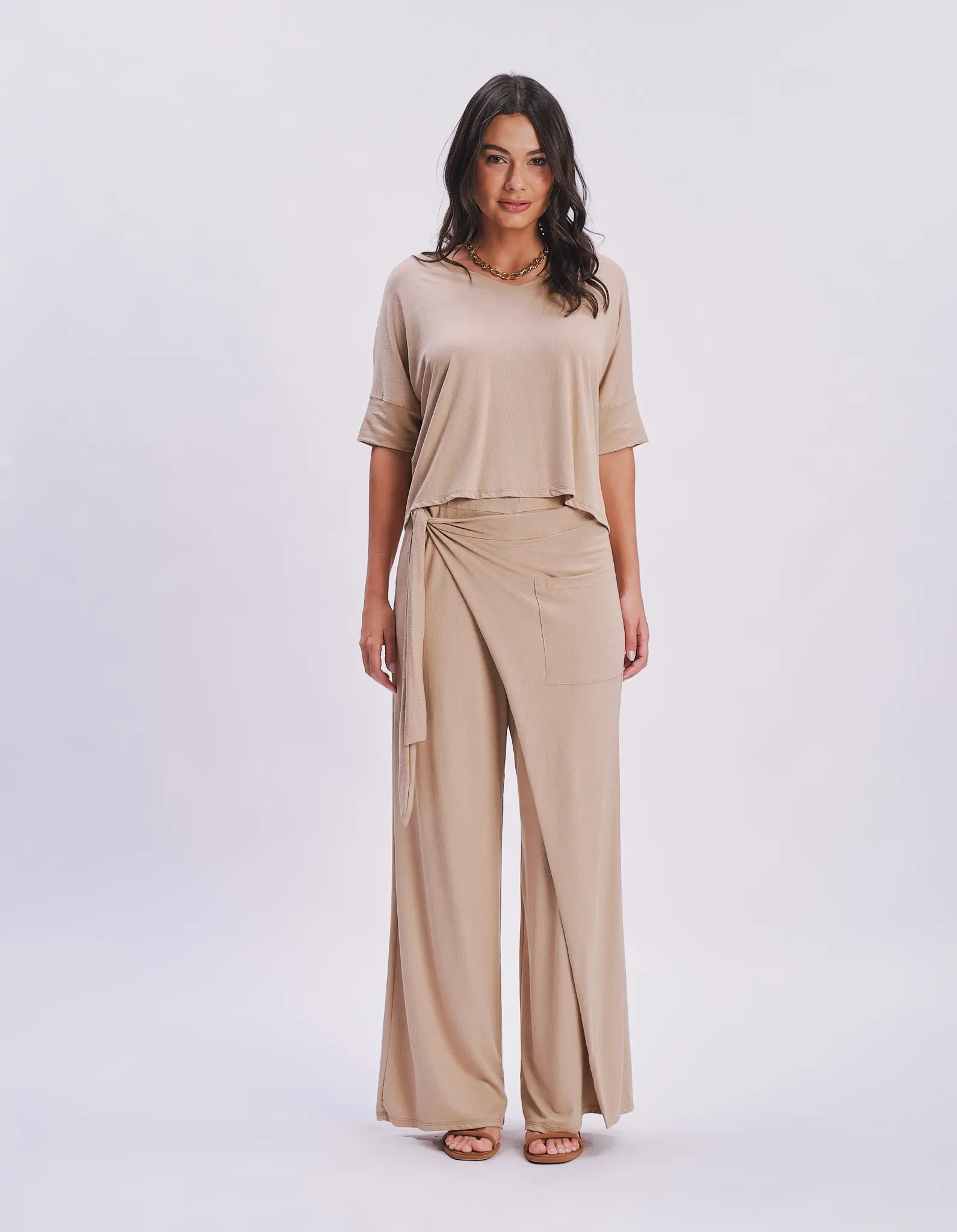 Calça Pantalona Envelope Amarração - Bege — imagem 1