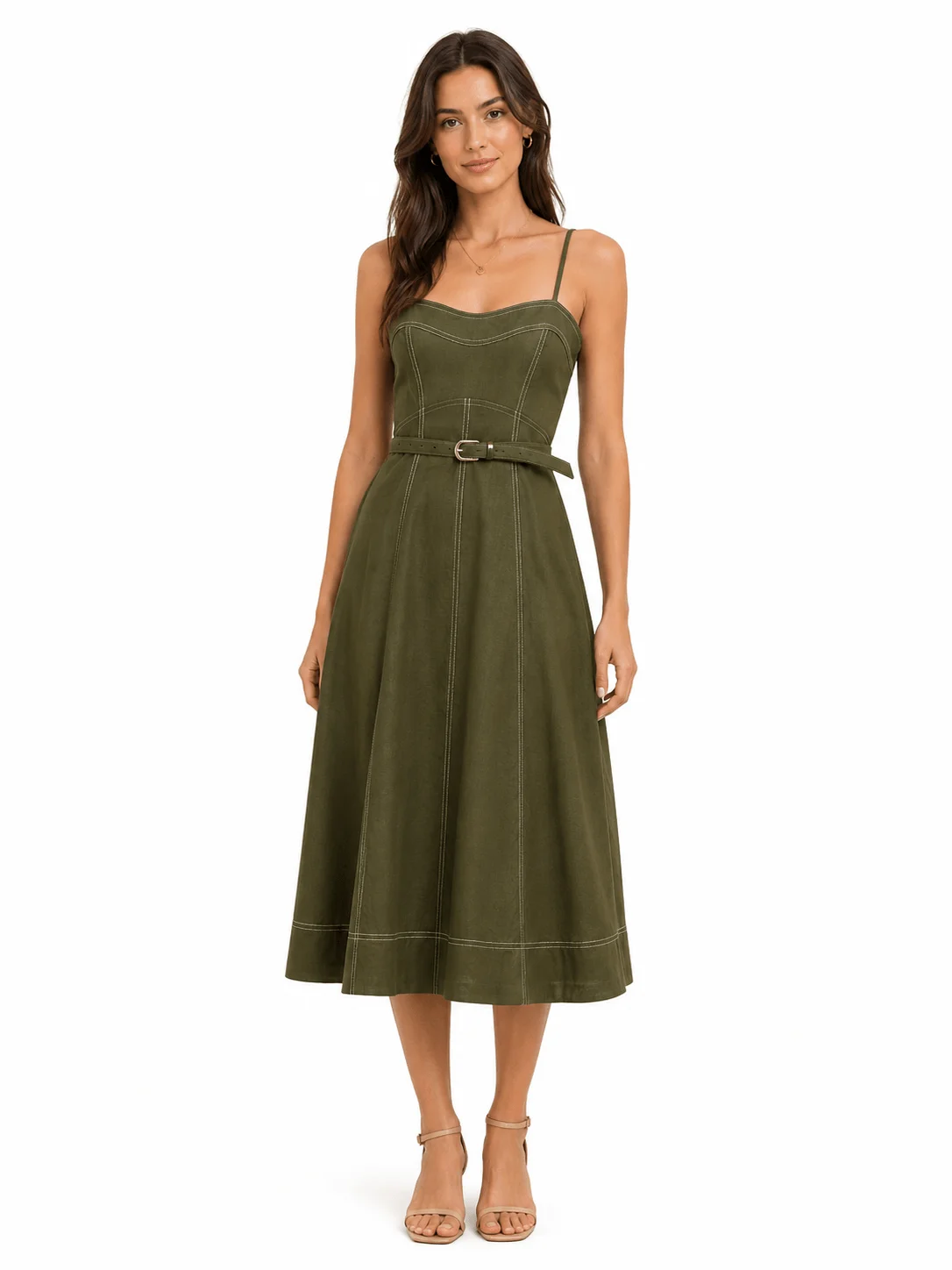 Vestido Longo Com Cinto - Verde — imagem 1