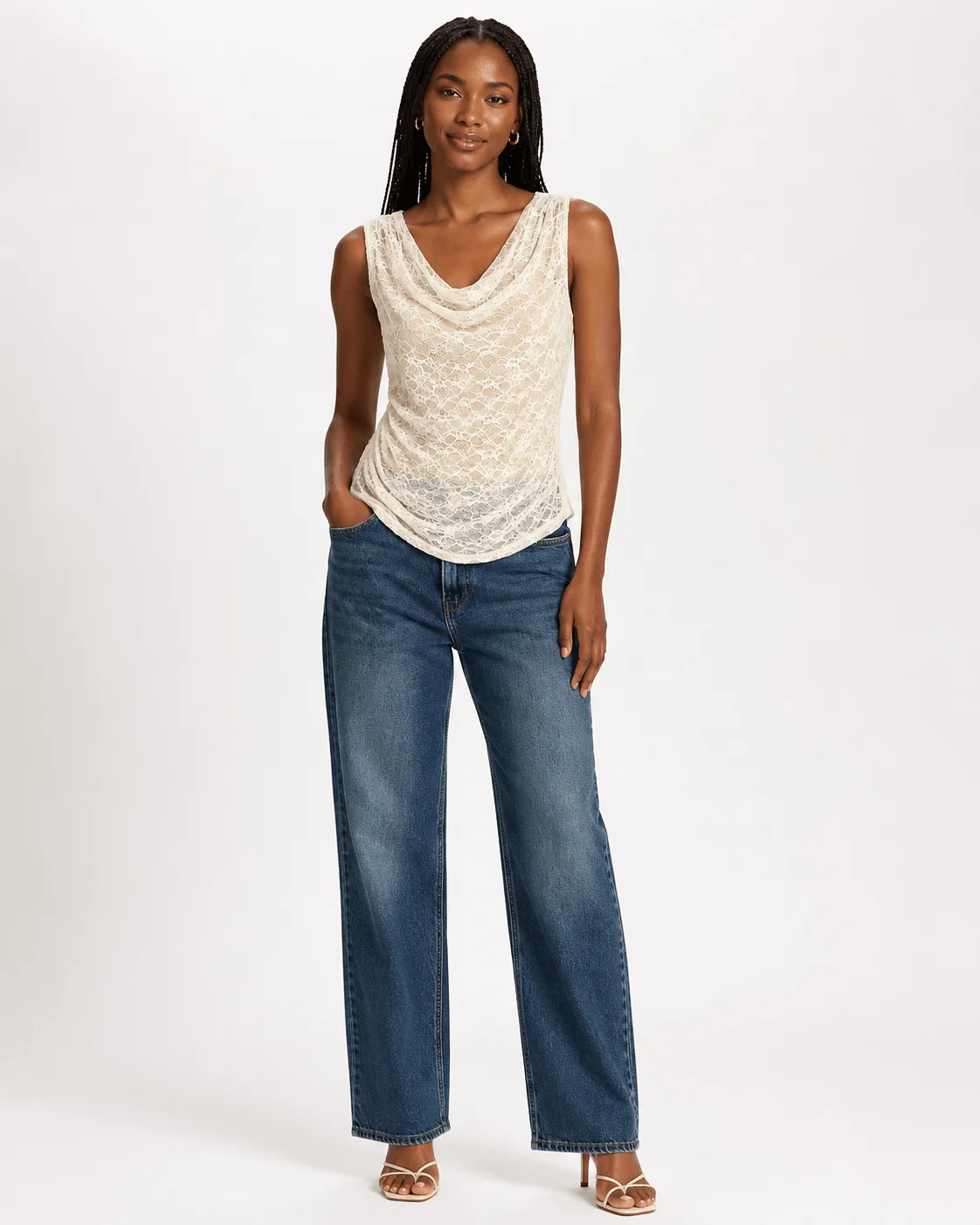 Blusa Sem Manga Rendada Decote Degagê - Off White — imagem 1