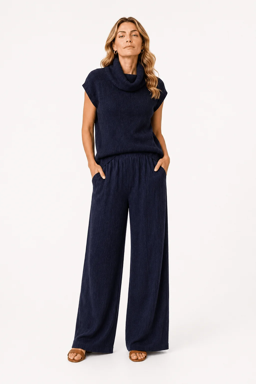 Calça Pantalona Cós Elástico - Azul — imagem 1