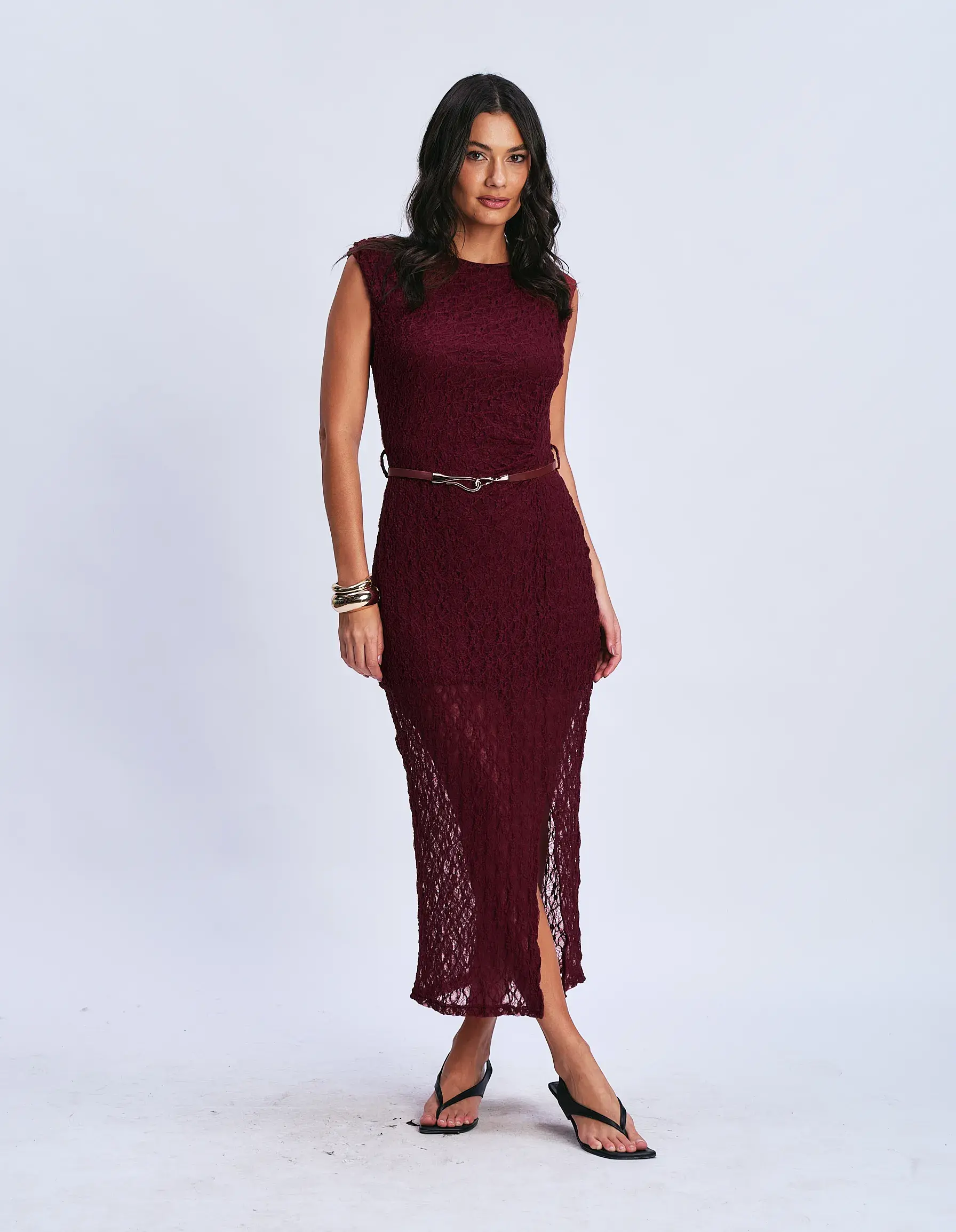 Vestido Midi Renda Com Cinto - Vinho