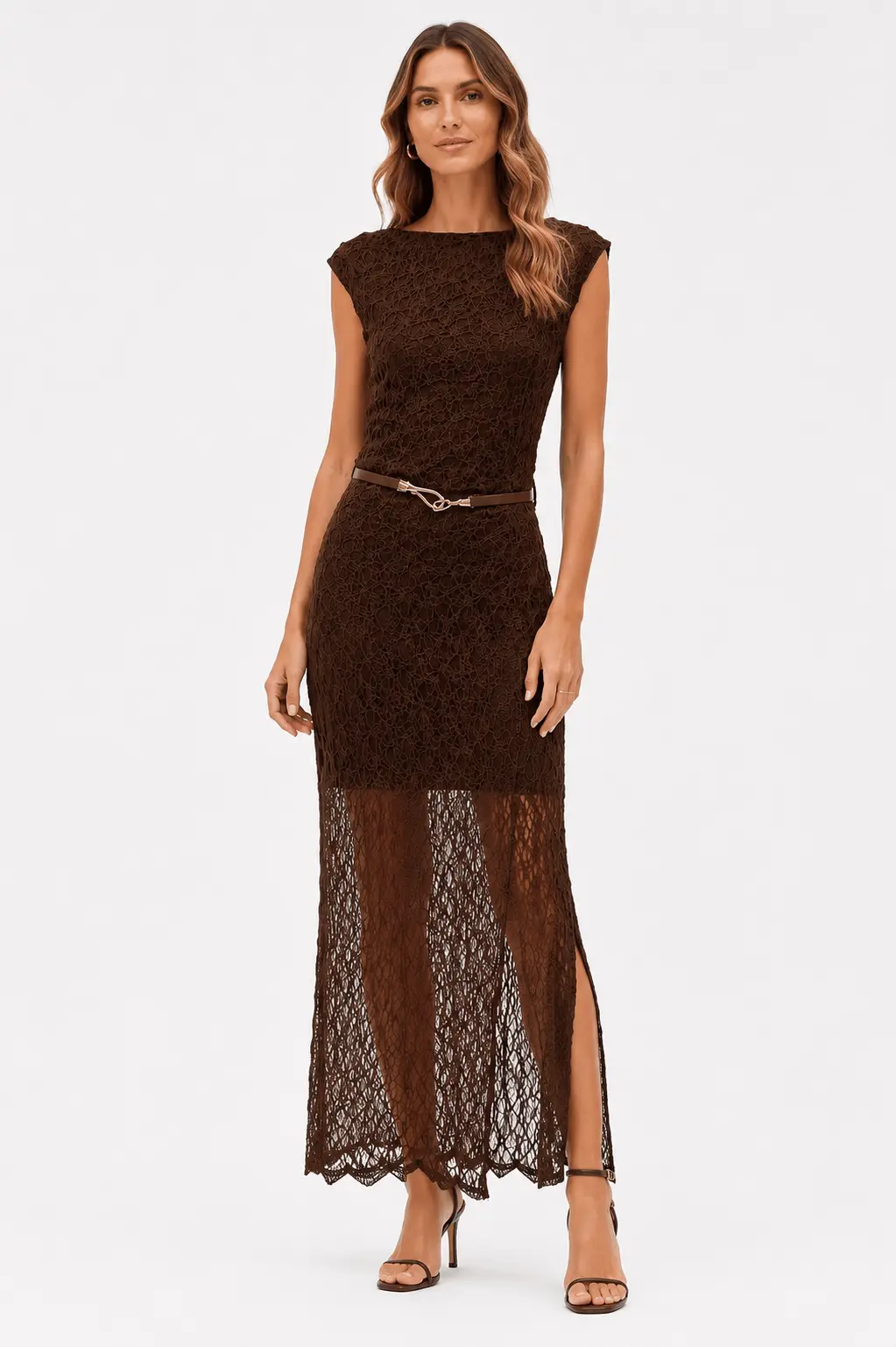 Vestido Midi Renda Com Cinto - Cafe