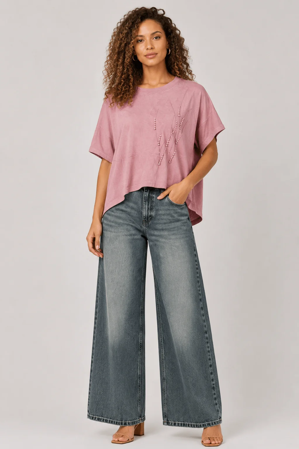 Blusa Ampla Bordado Pérolas - Rosa — imagem 1