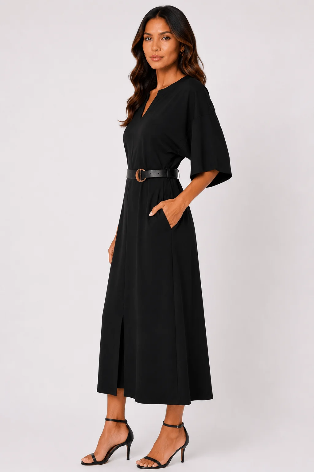 Vestido Decote v Com Cinto - Preto