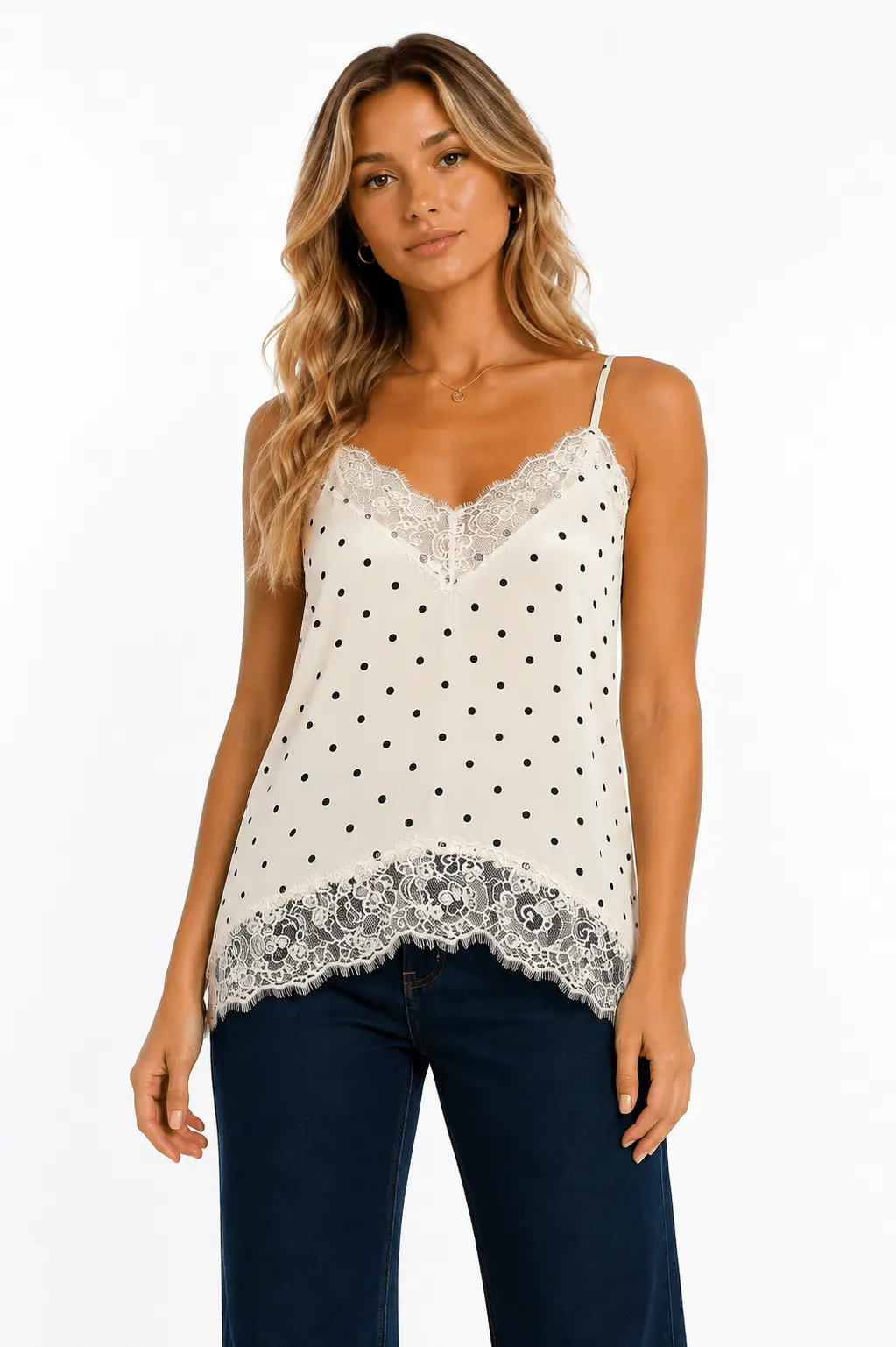 Blusa Acetinada Detalhe Renda Poá - Areia