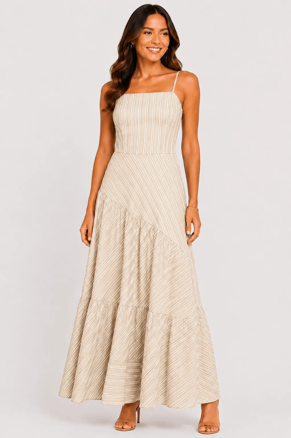 Vestido Longo Mix Listado - Bege — imagem 1