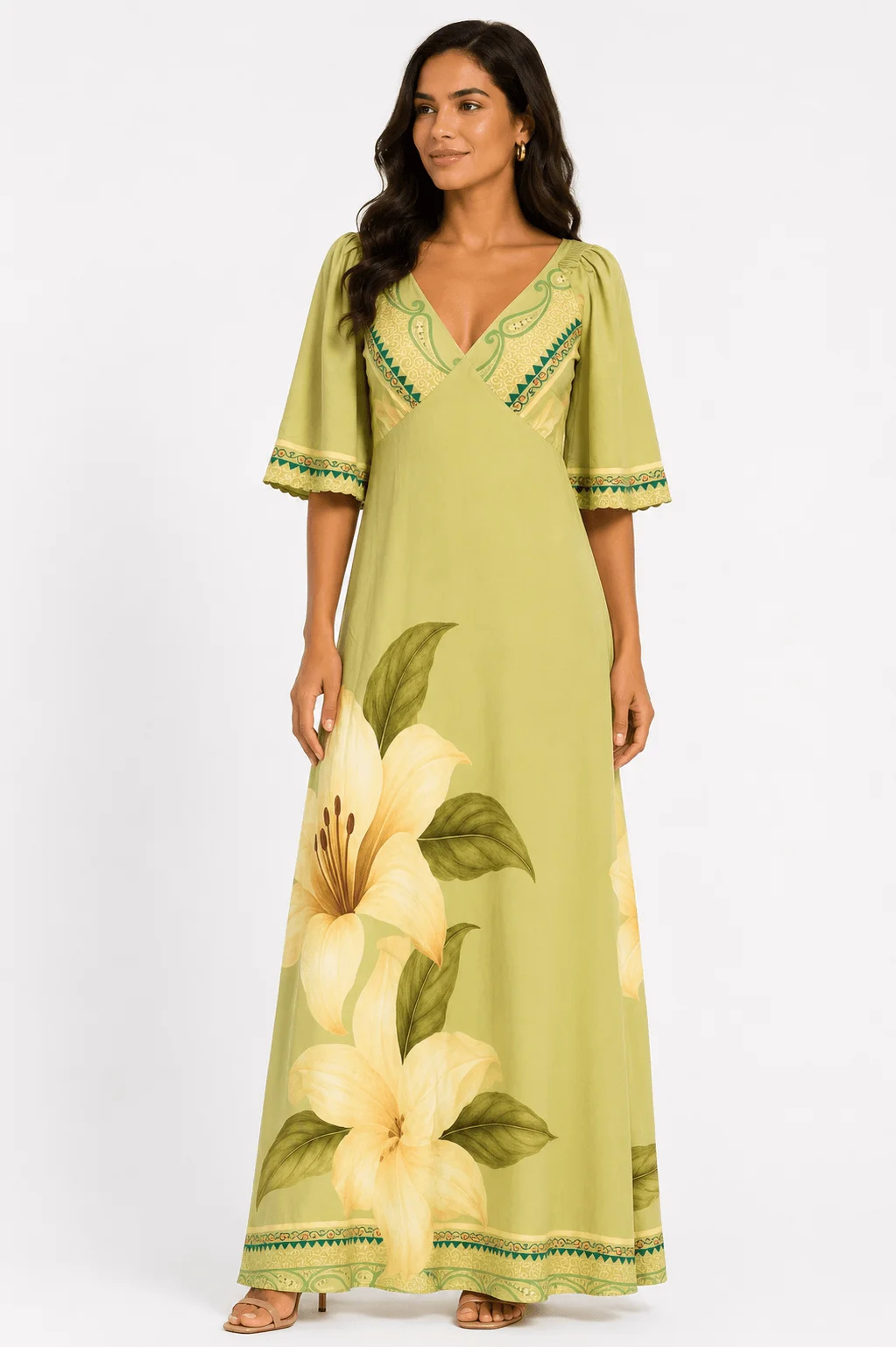 Vestido Longo Estampado Lírio Solar - Verde — imagem 1
