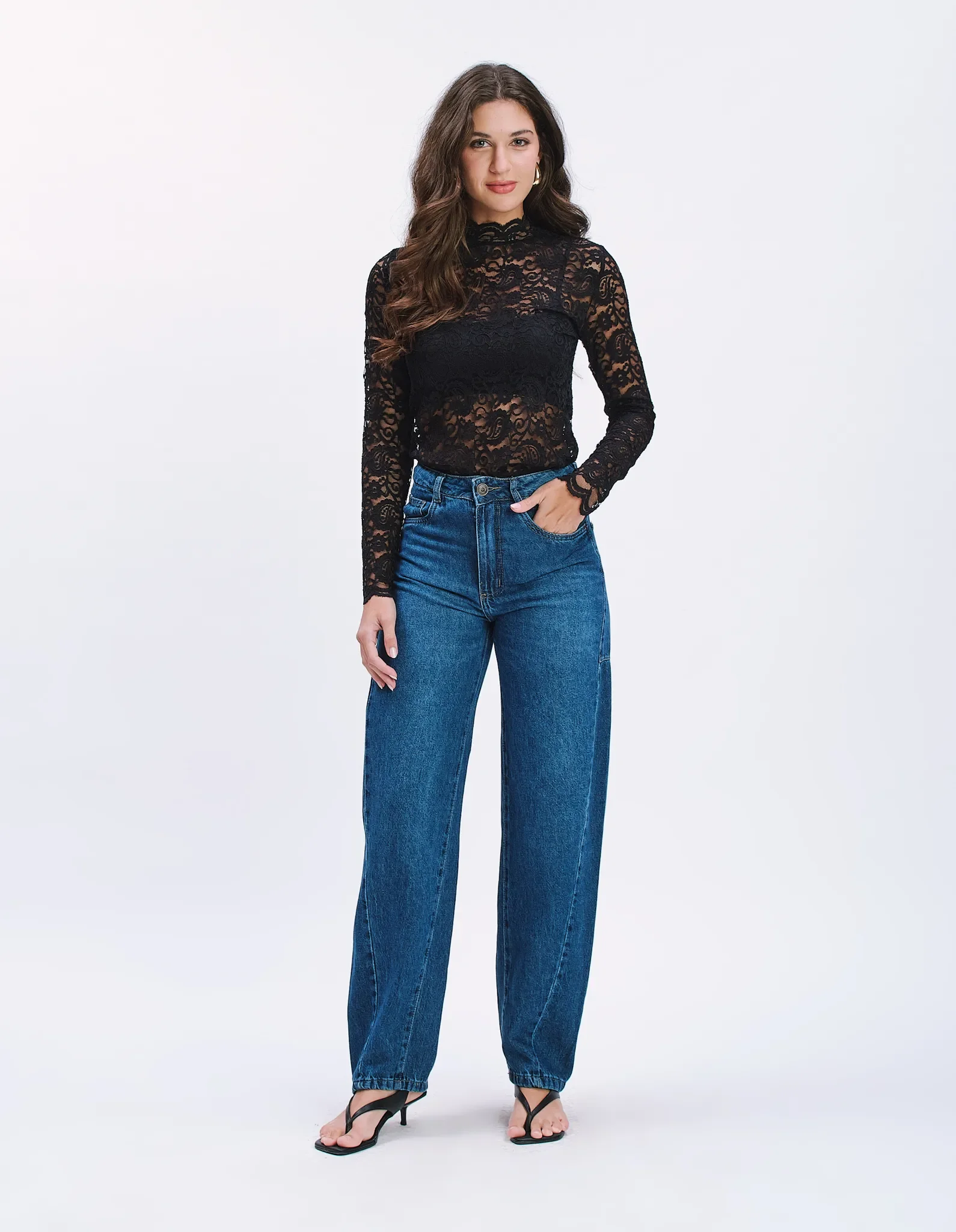 Calça Jeans Barrel Recortes - Denim Medio — imagem 1