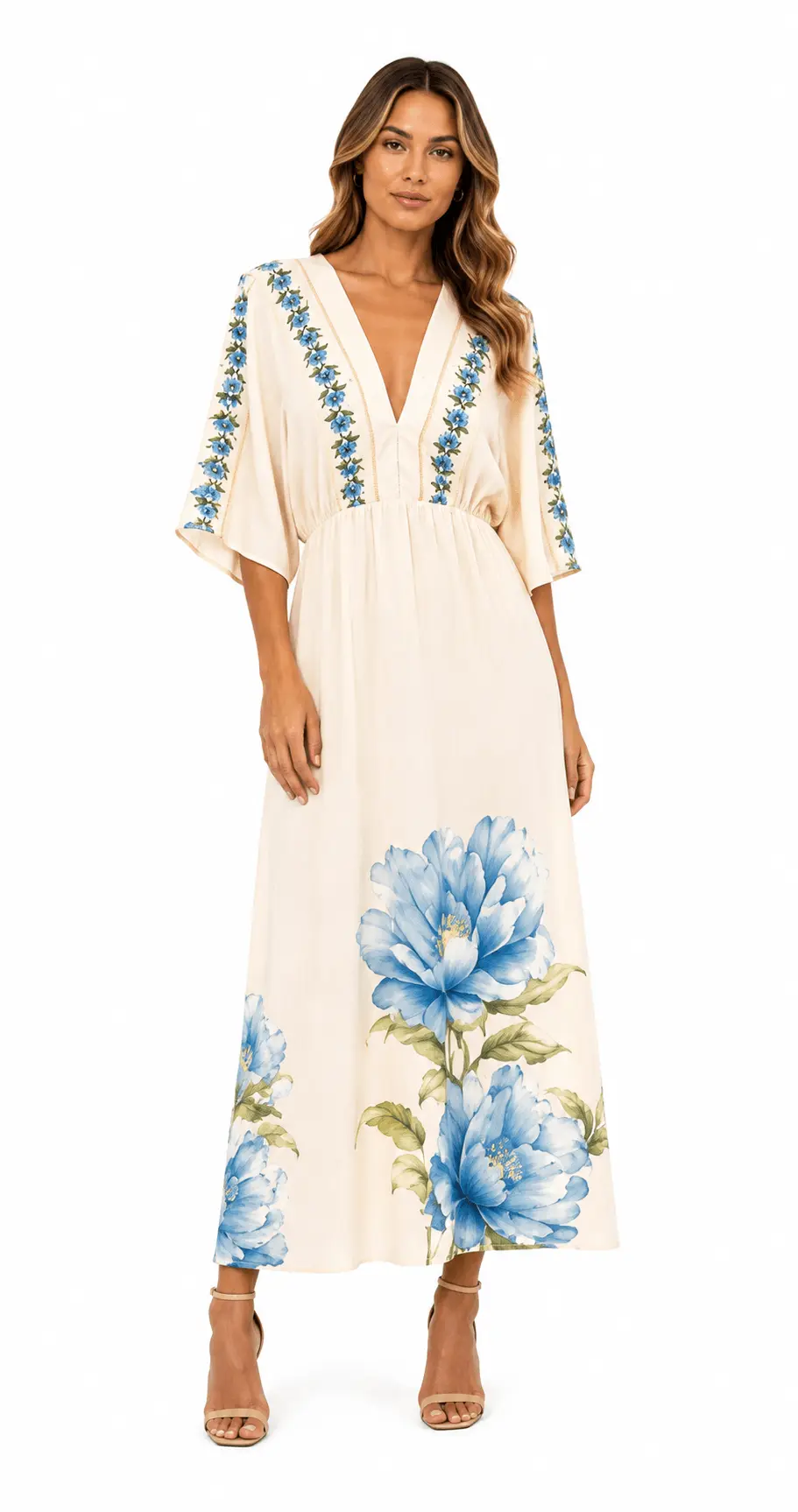 Vestido Moldura Estampado Floral Jardim - Areia Com Azul