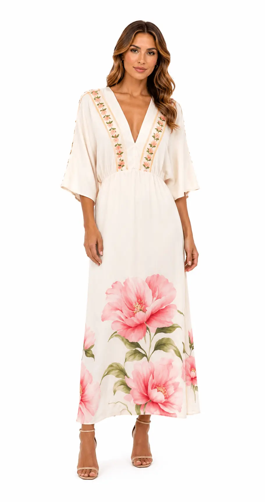 Vestido Moldura Estampado Floral Jardim - Areia Com Rosa