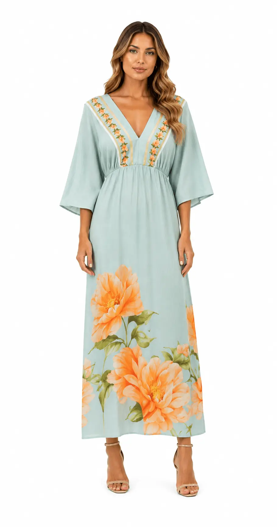 Vestido Moldura Estampado Floral Jardim - Azul Claro