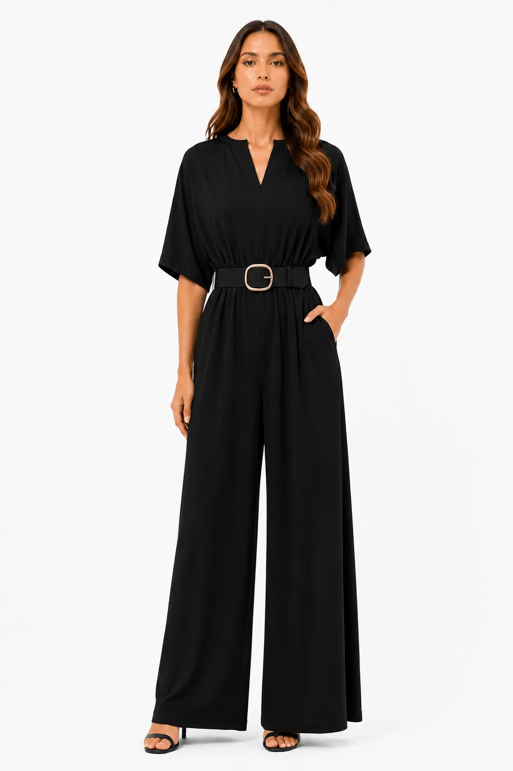 Macacão Pantalona Detalhe Cinto - Preto — imagem 1