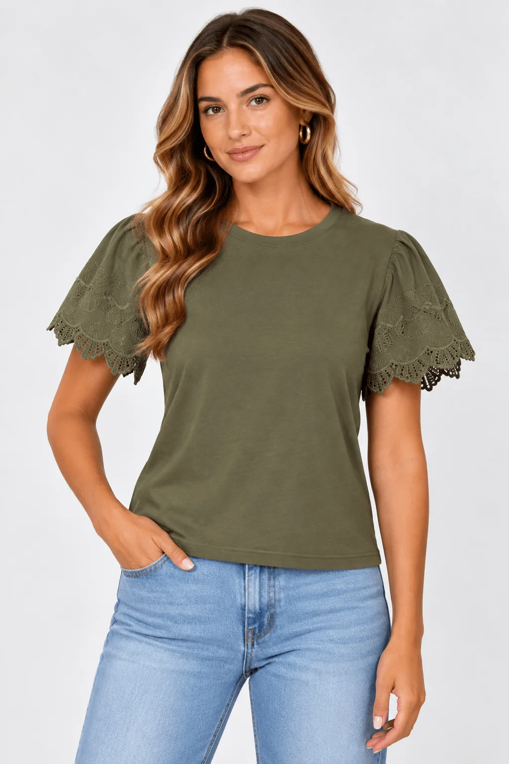 Blusa Manga Curta Renda Barrada - Verde