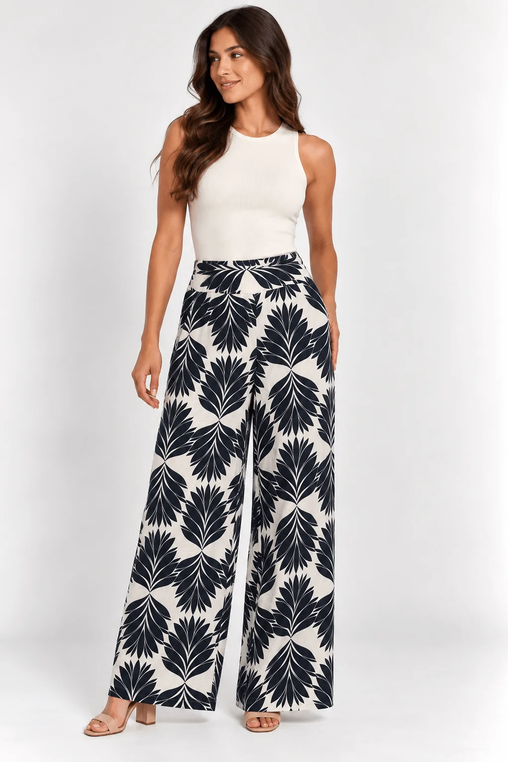 Calça Pantalona Estampada Folhagem - Azul — imagem 1