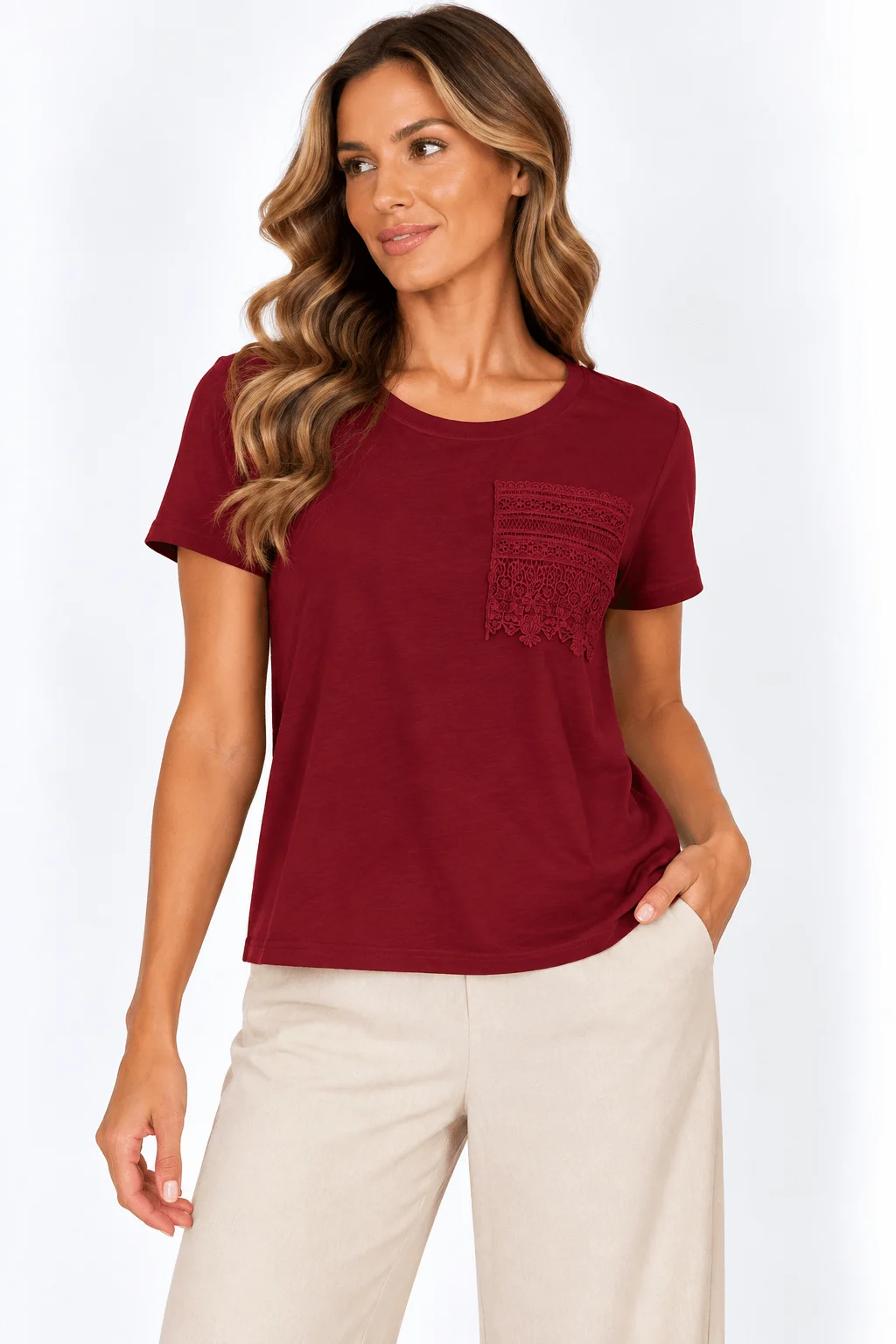 Blusa Bolso Renda Com Detalhe - Vinho — imagem 1