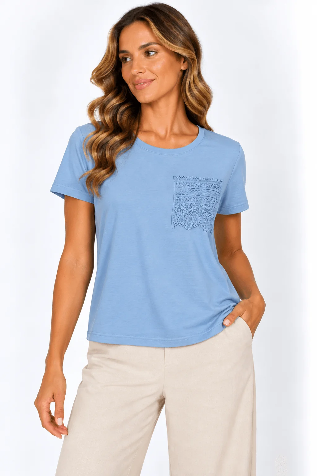 Blusa Bolso Renda Com Detalhe - Azul — imagem 1