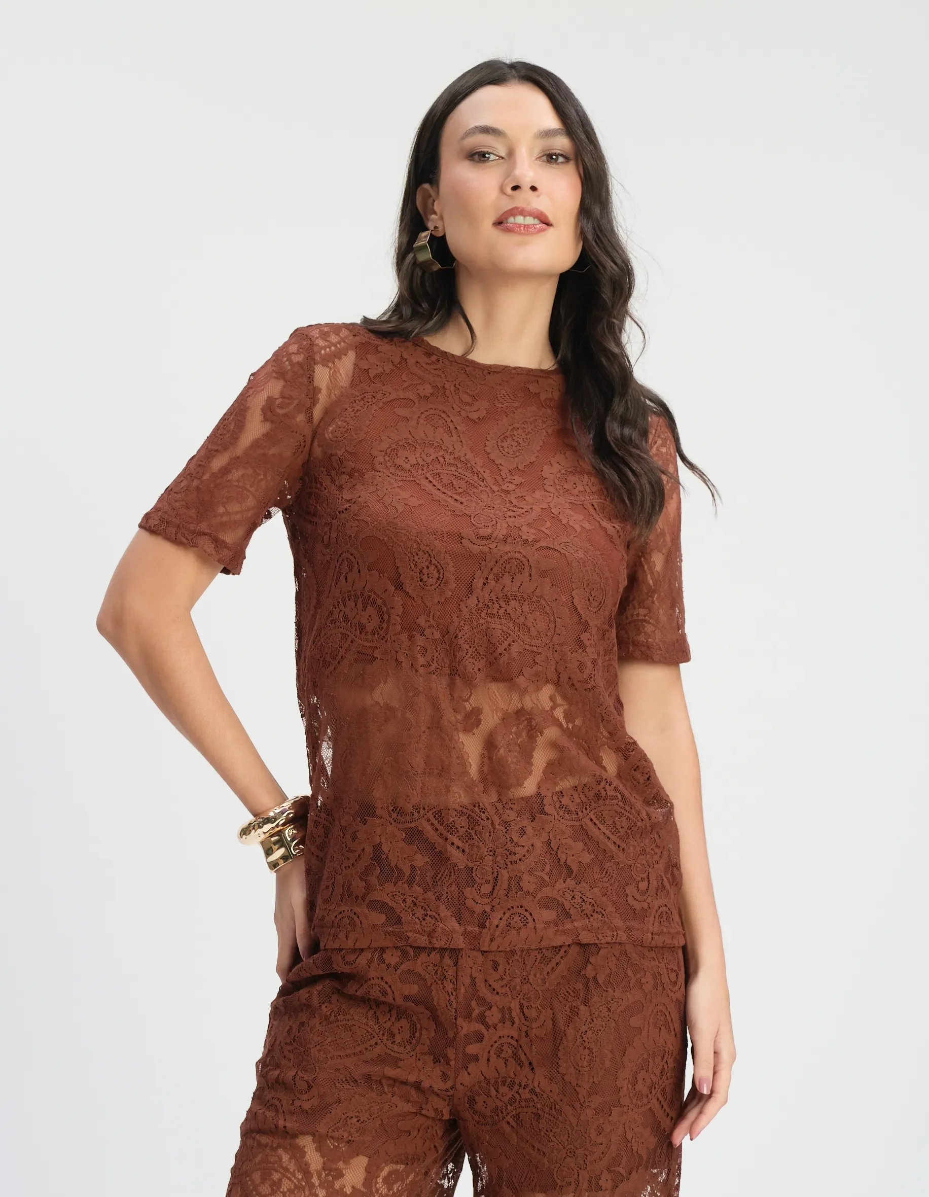 Conjunto Blusa e Calça Aladim Renda - Marrom — imagem 1
