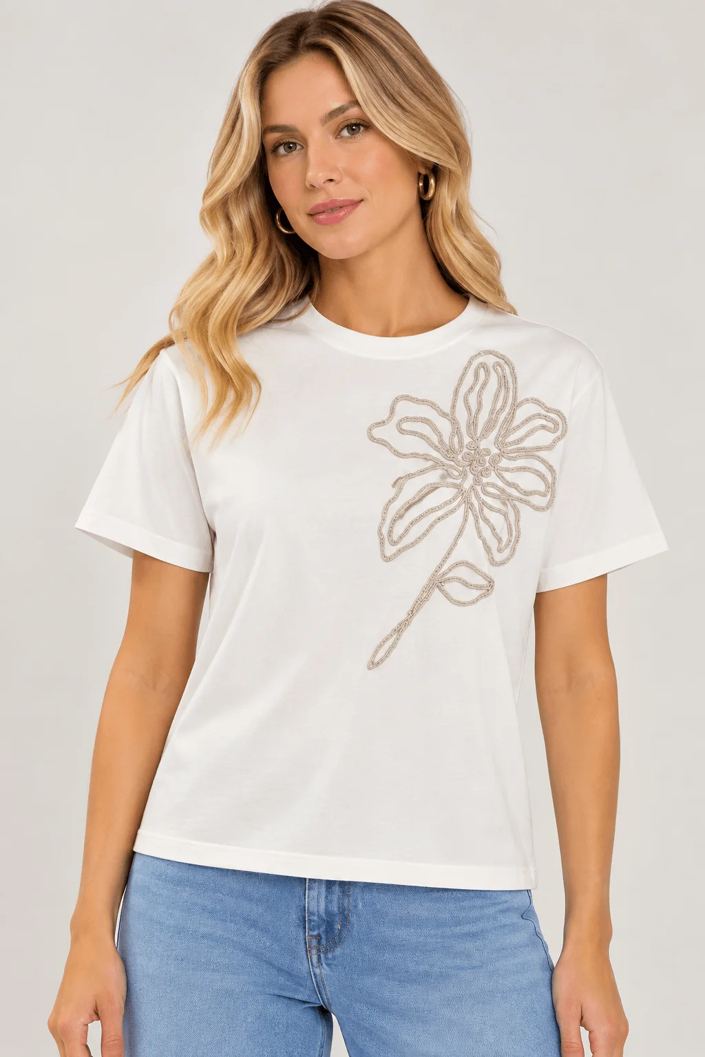 Blusa Bordado Cordonê Flor Lurex - Branco