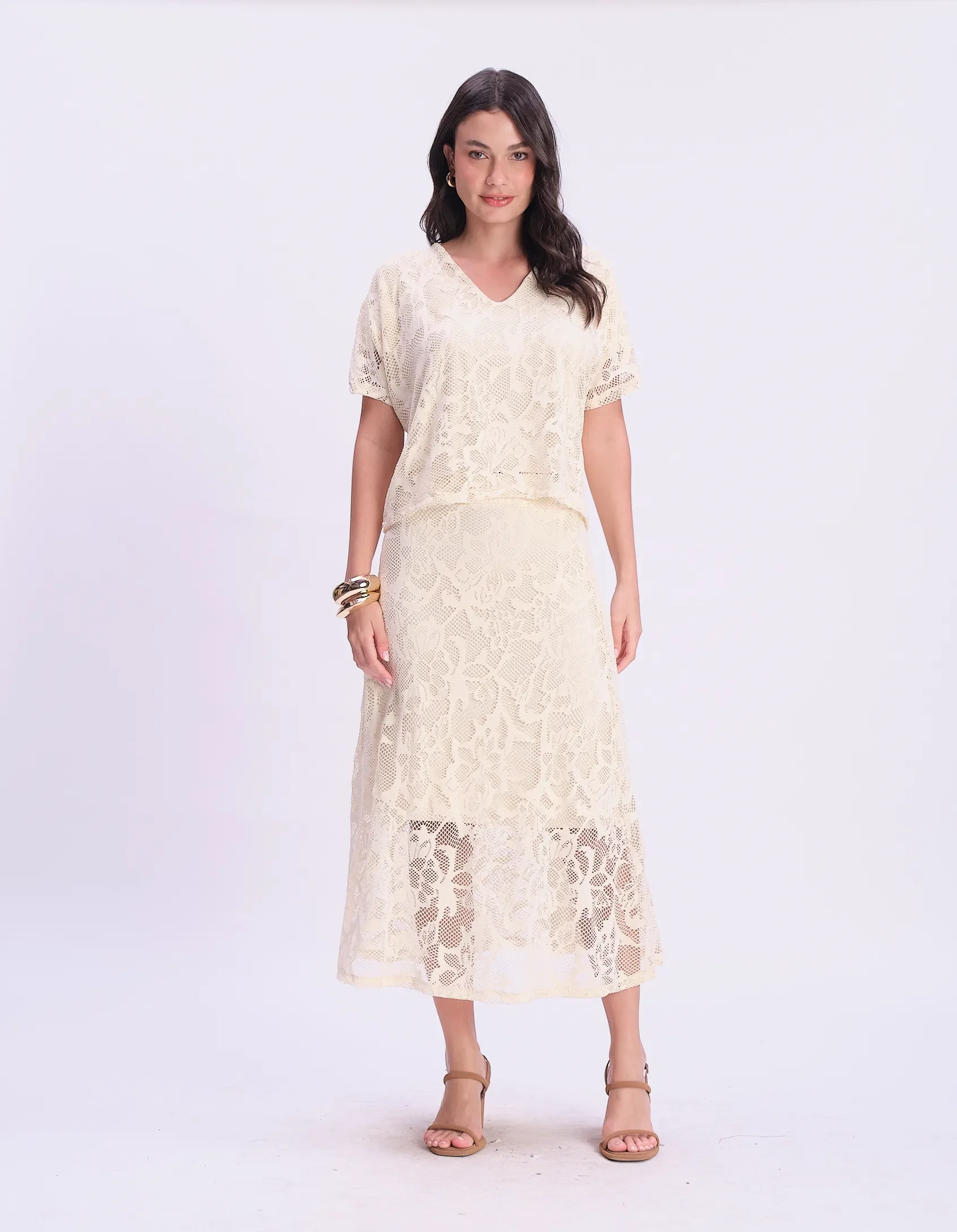 Saia Midi Renda Flores - Areia — imagem 1