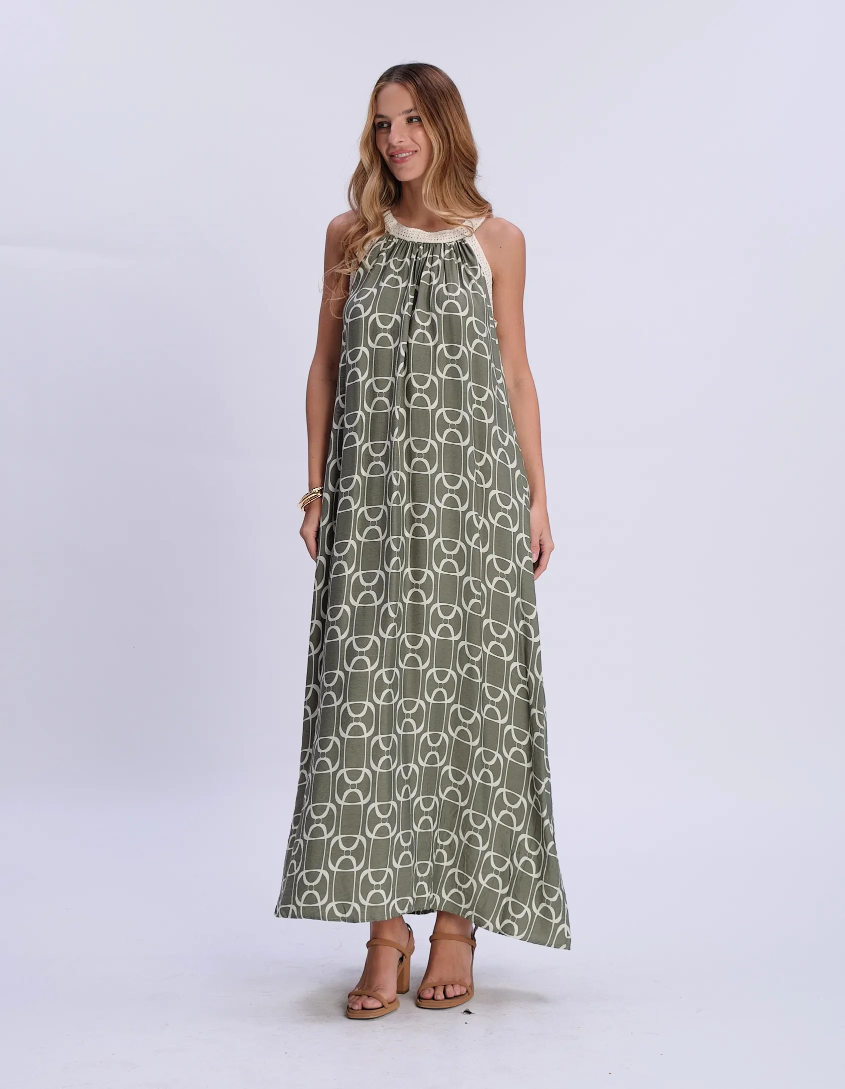 Vestido Longo Estampado Geométrico - Verde — imagem 1