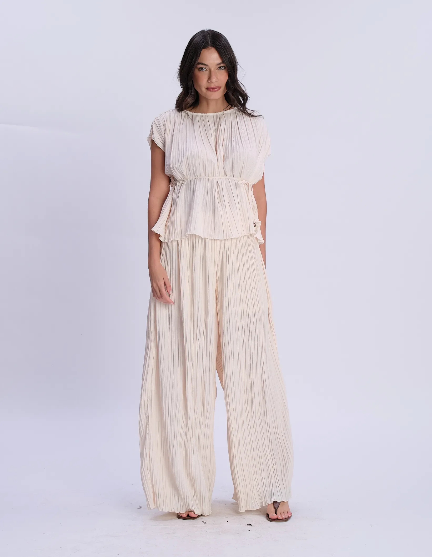 Calça Pantalona Textura - Areia — imagem 1