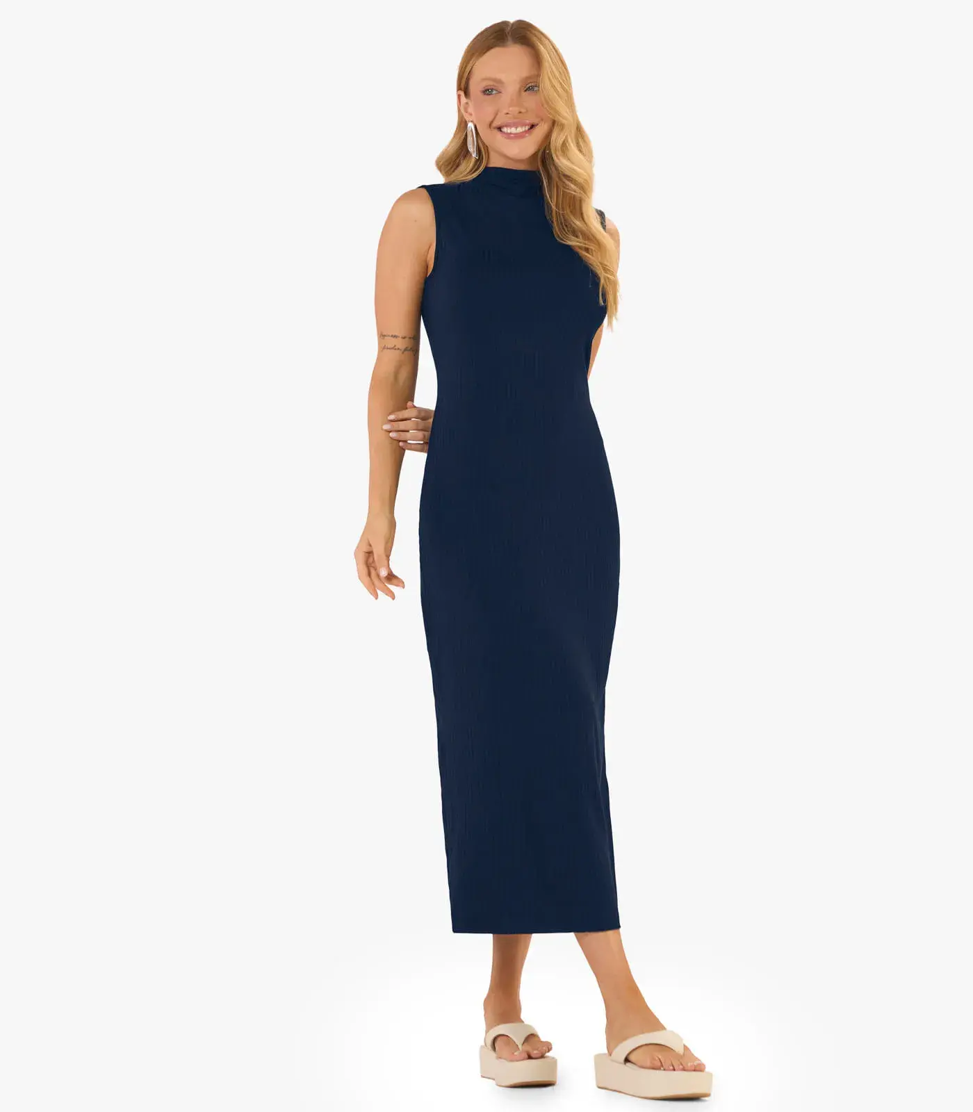 Vestido Midi Ribana Canelada Rovitex Azul