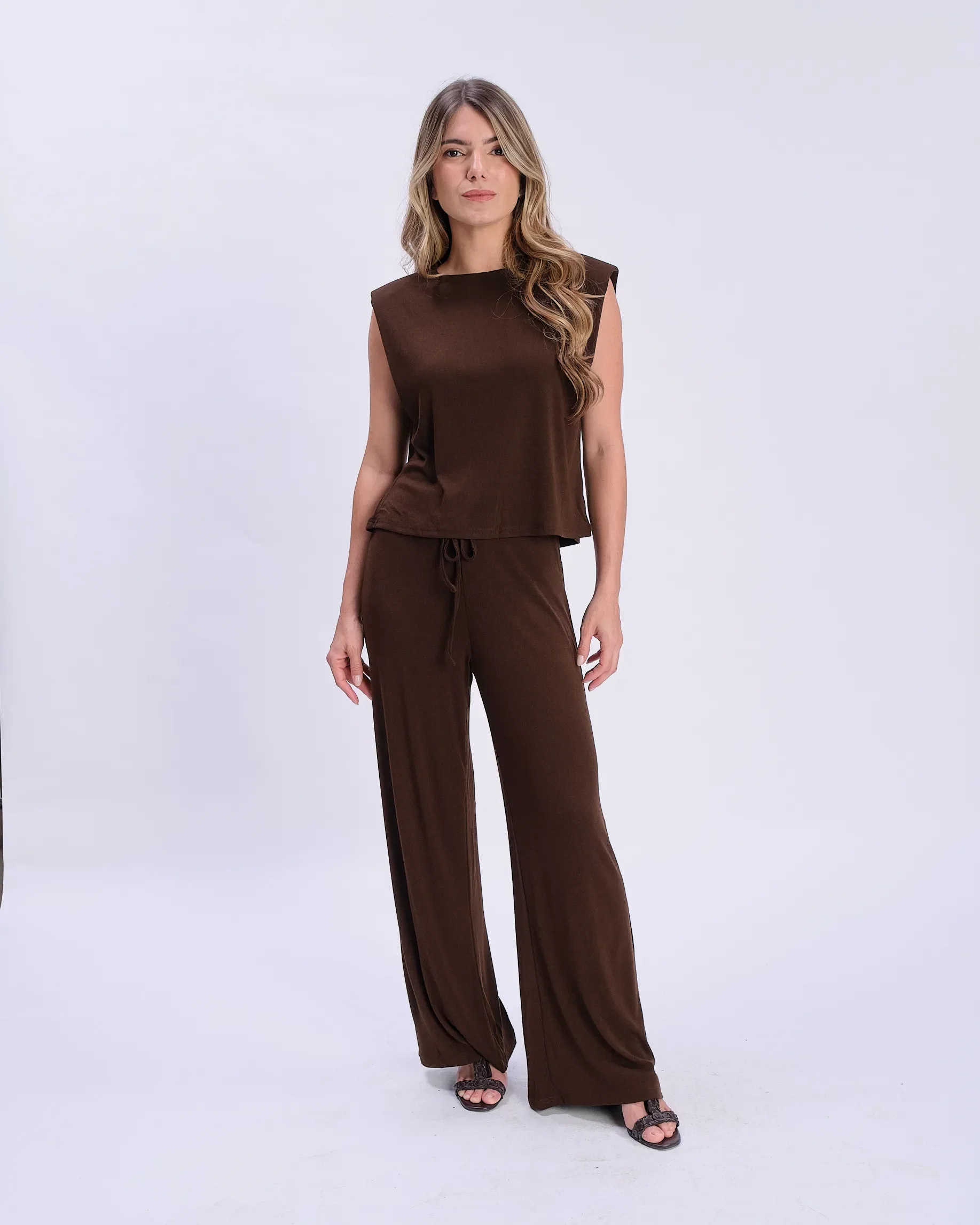Calça Pantalona Cós Amarração Malha - Cafe — imagem 1