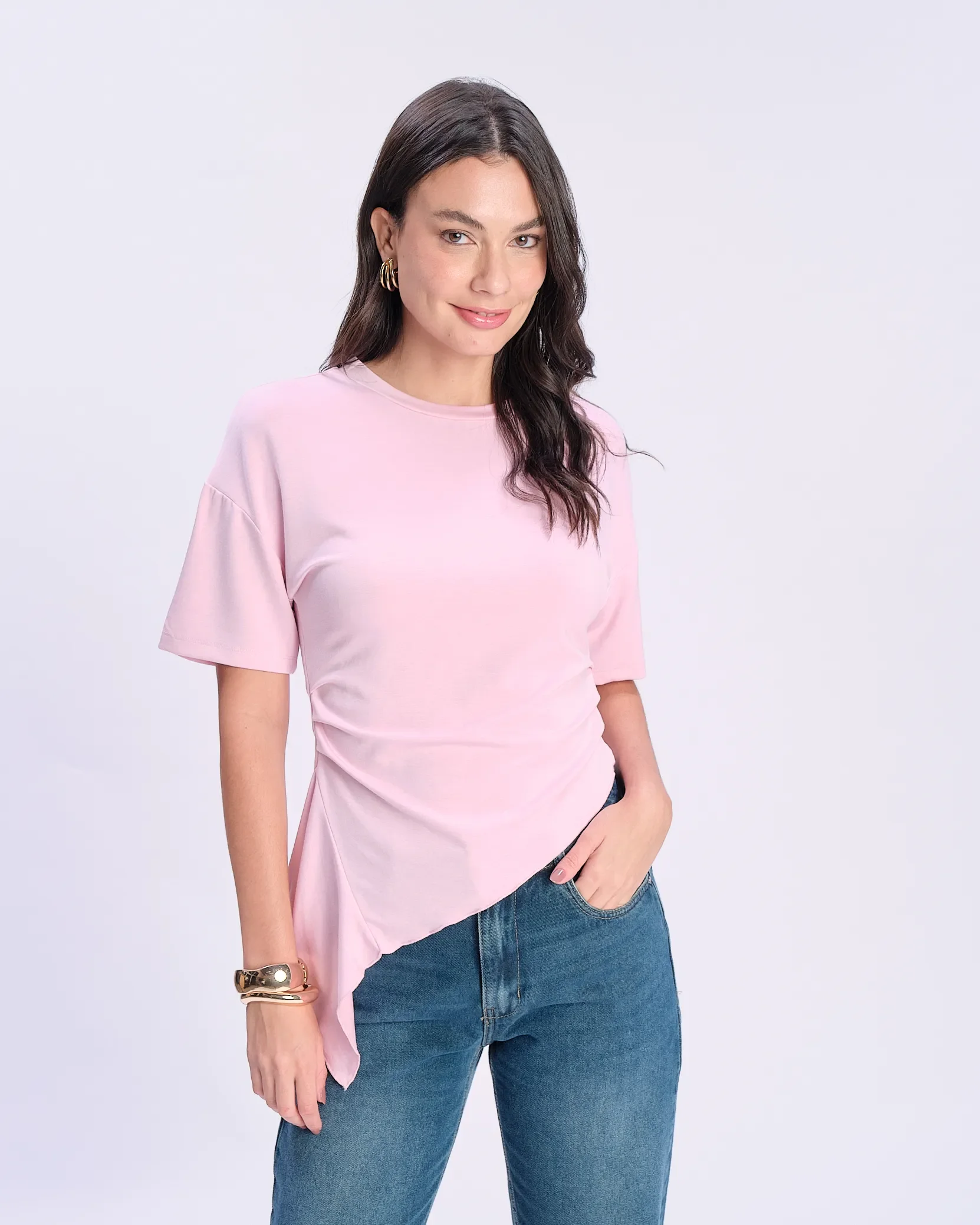 Blusa Manga Curta Assimétrica Pregas - Rosa — imagem 1