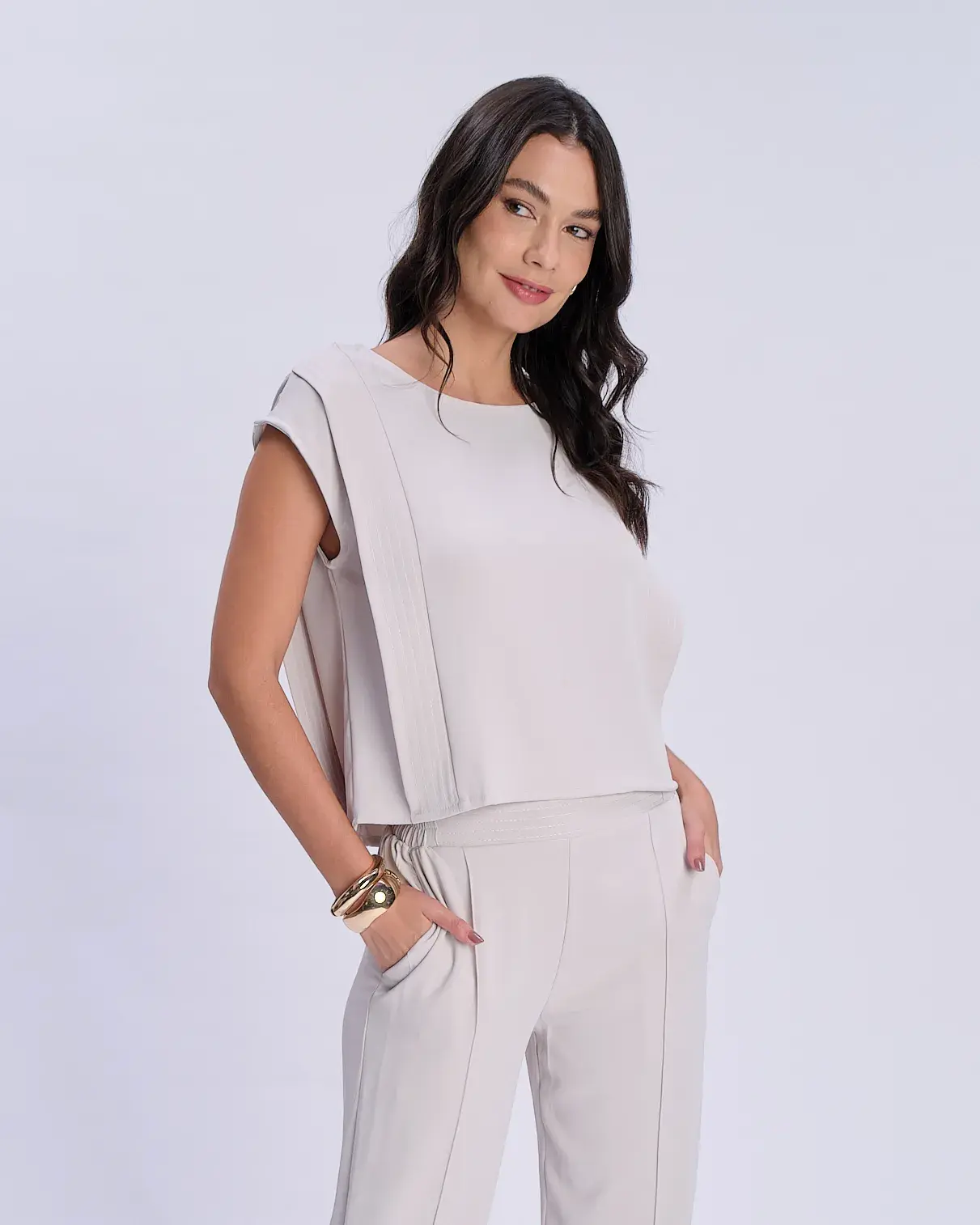 Blusa Alfaiataria Detalhe Pesponto - Areia