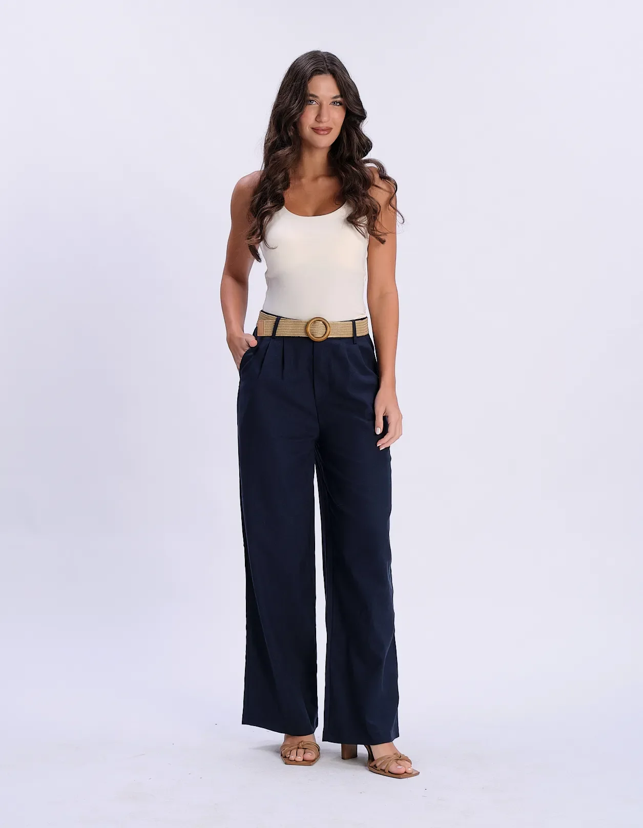 Calça Pantalona Com Cinto Palha - Azul Marinho — imagem 1