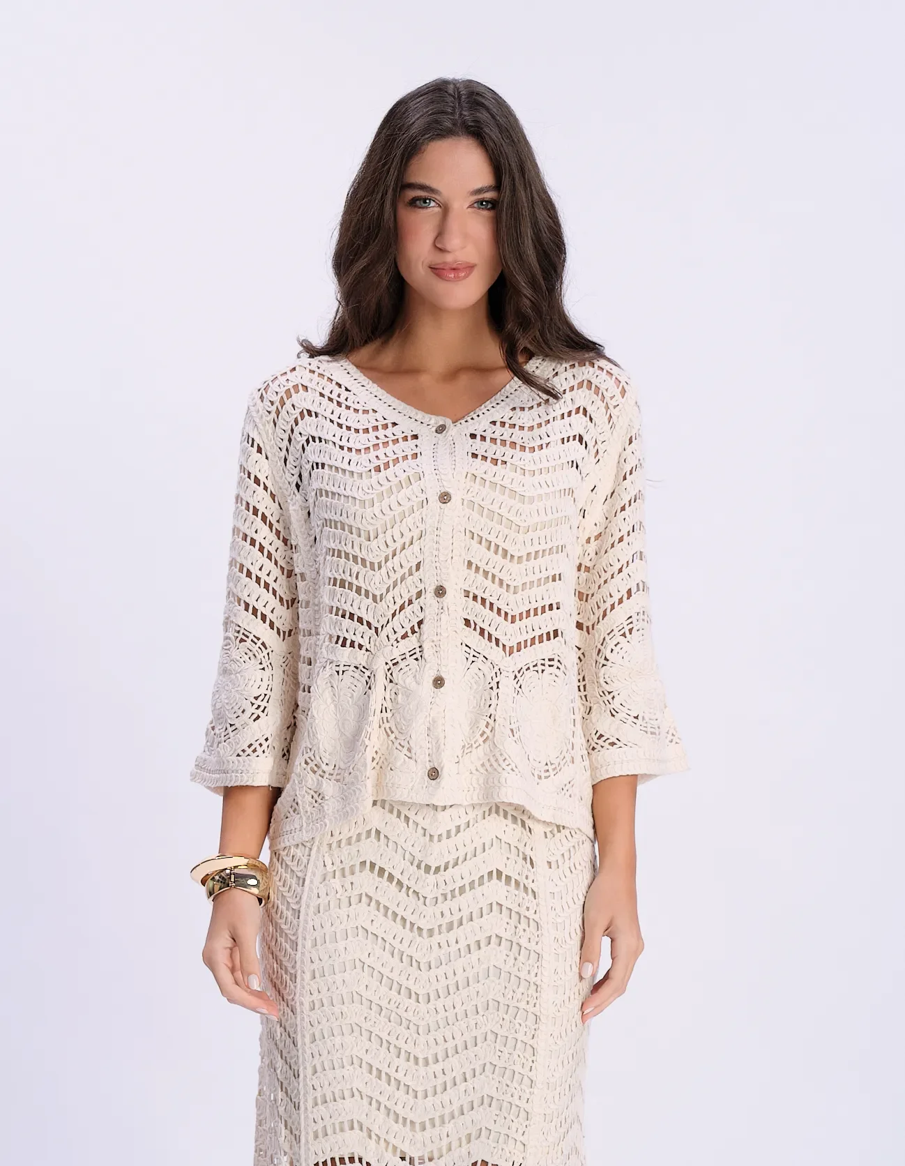 Blusa Ampla Crochê Com Botões - Areia — imagem 1
