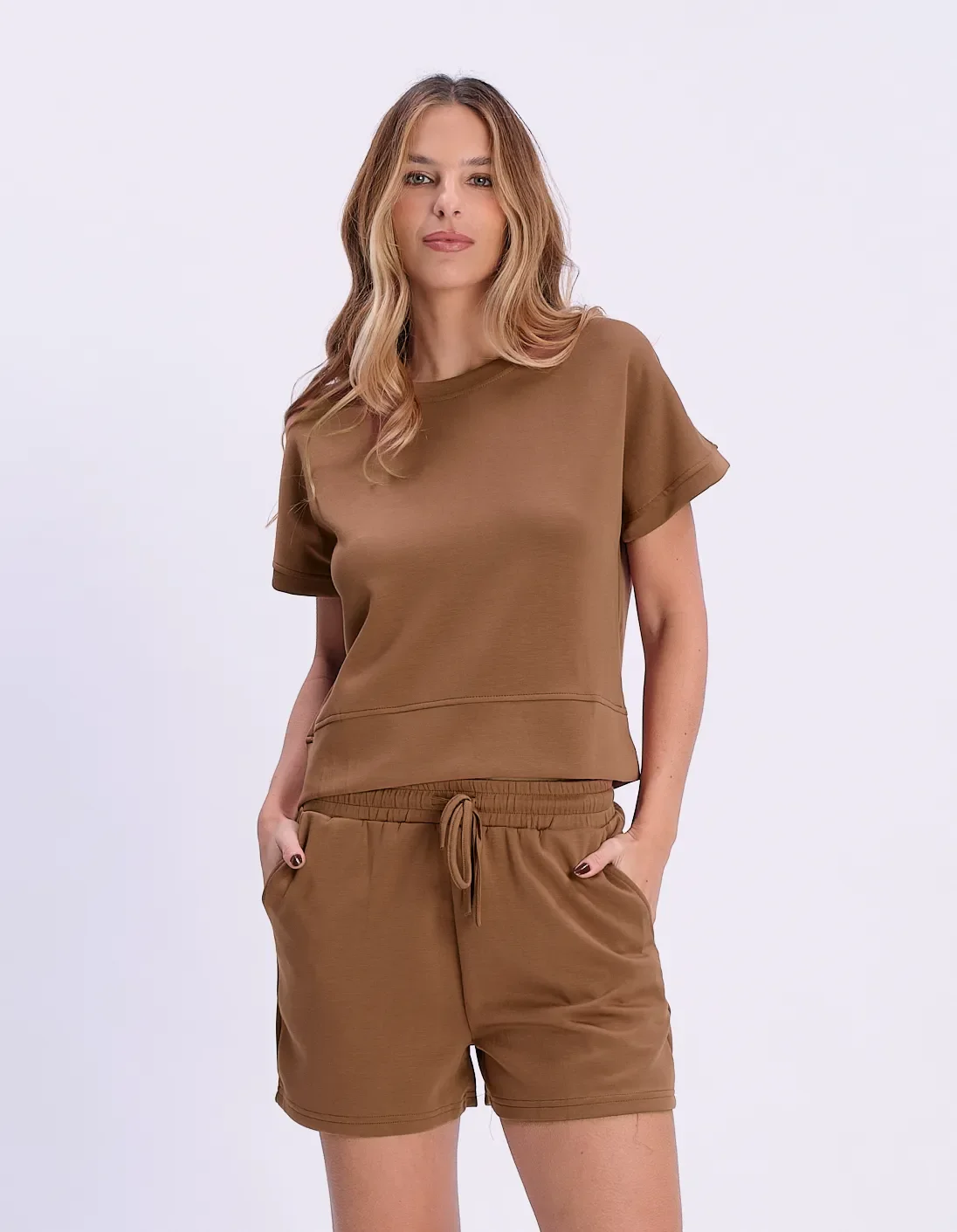Blusa Manga Curta Decote Canoa - Marrom — imagem 1