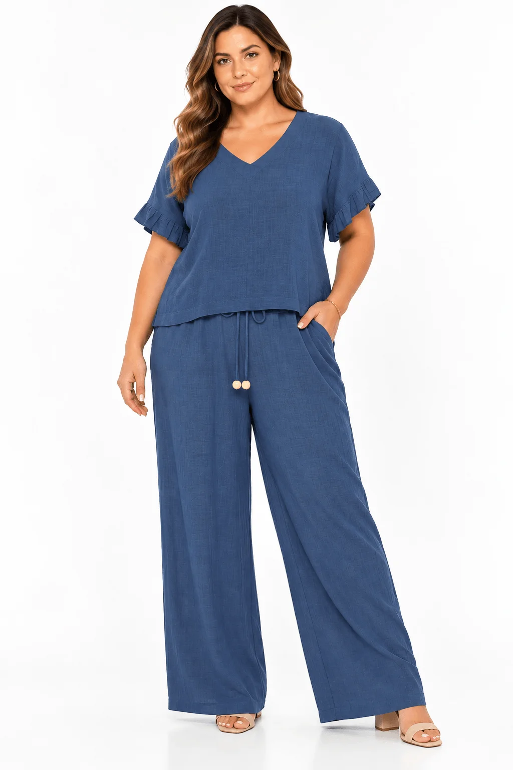 Blusa Ampla Decote v Manga Plissada - Azul — imagem 1