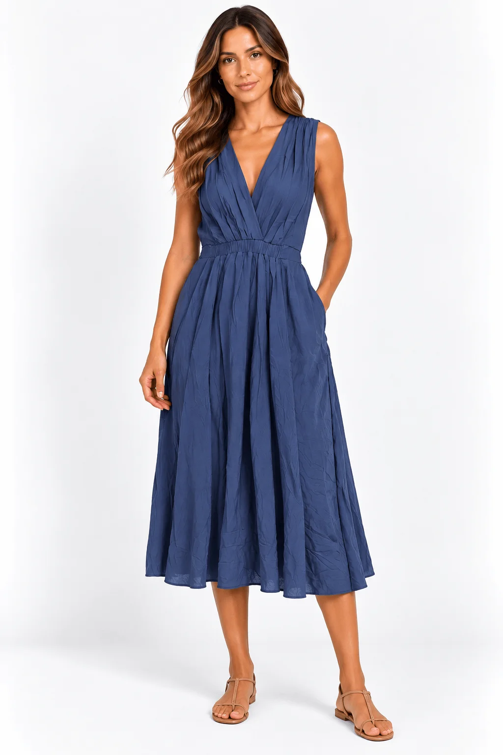 Vestido Midi Detalhe Pregas - Azul — imagem 1