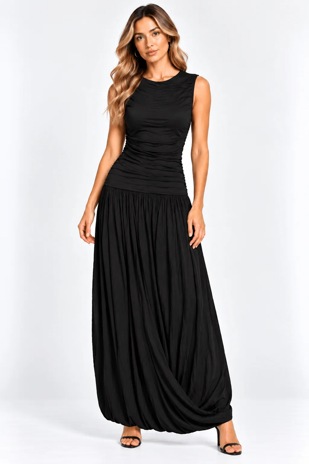 Vestido Longo Drapeado Balonê - Preto — imagem 1