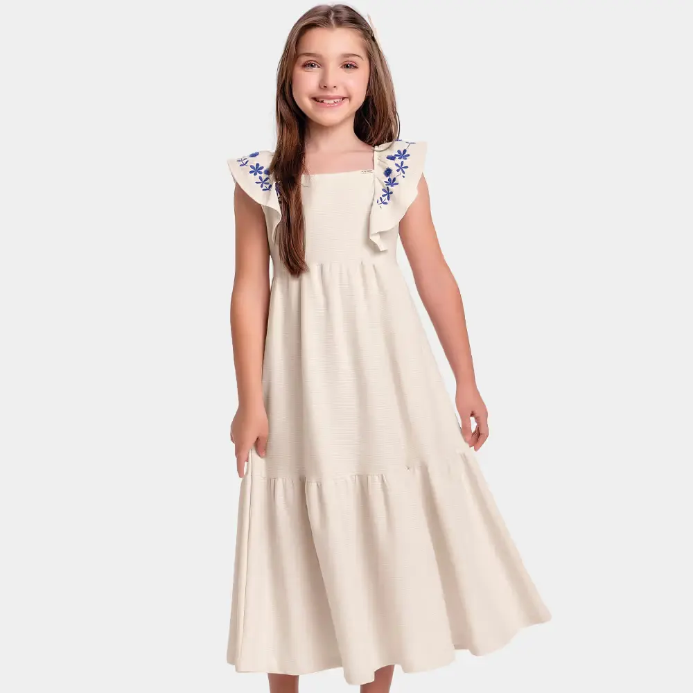 Vestido midi em malha florence com babado bordado