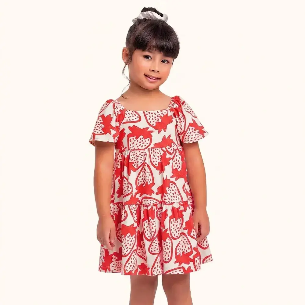 Vestido verão estampa morango em algodão leve