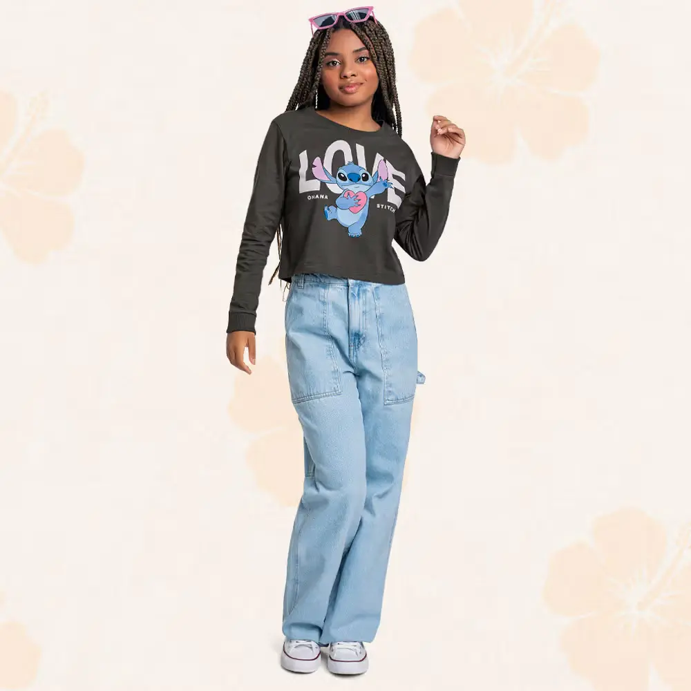 Blusa manga longa em meia malha Lilo & Stitch love