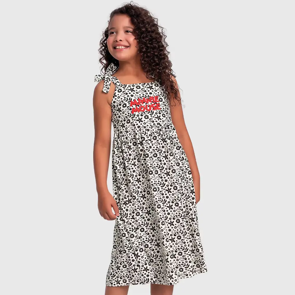 Vestido midi da Minnie com alças para amarração e bordado